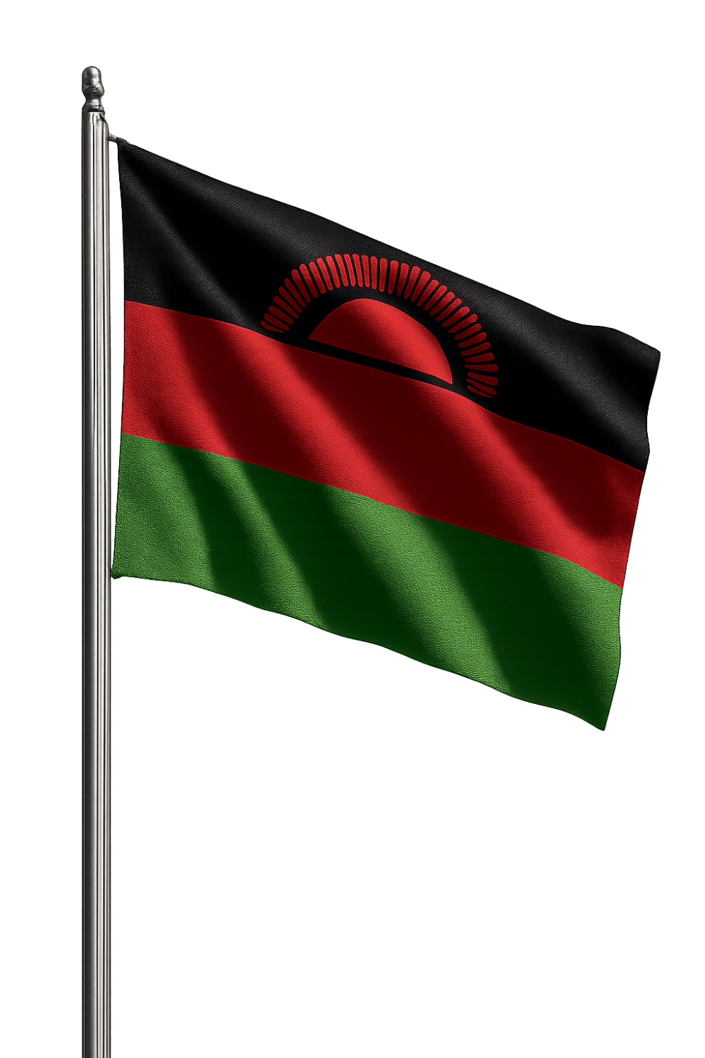 Malawi Flag Waving on Pole, transparent background