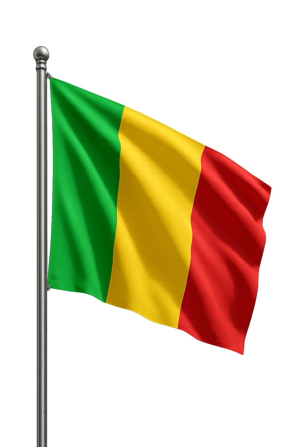 Mali Flag Waving on Pole, transparent background