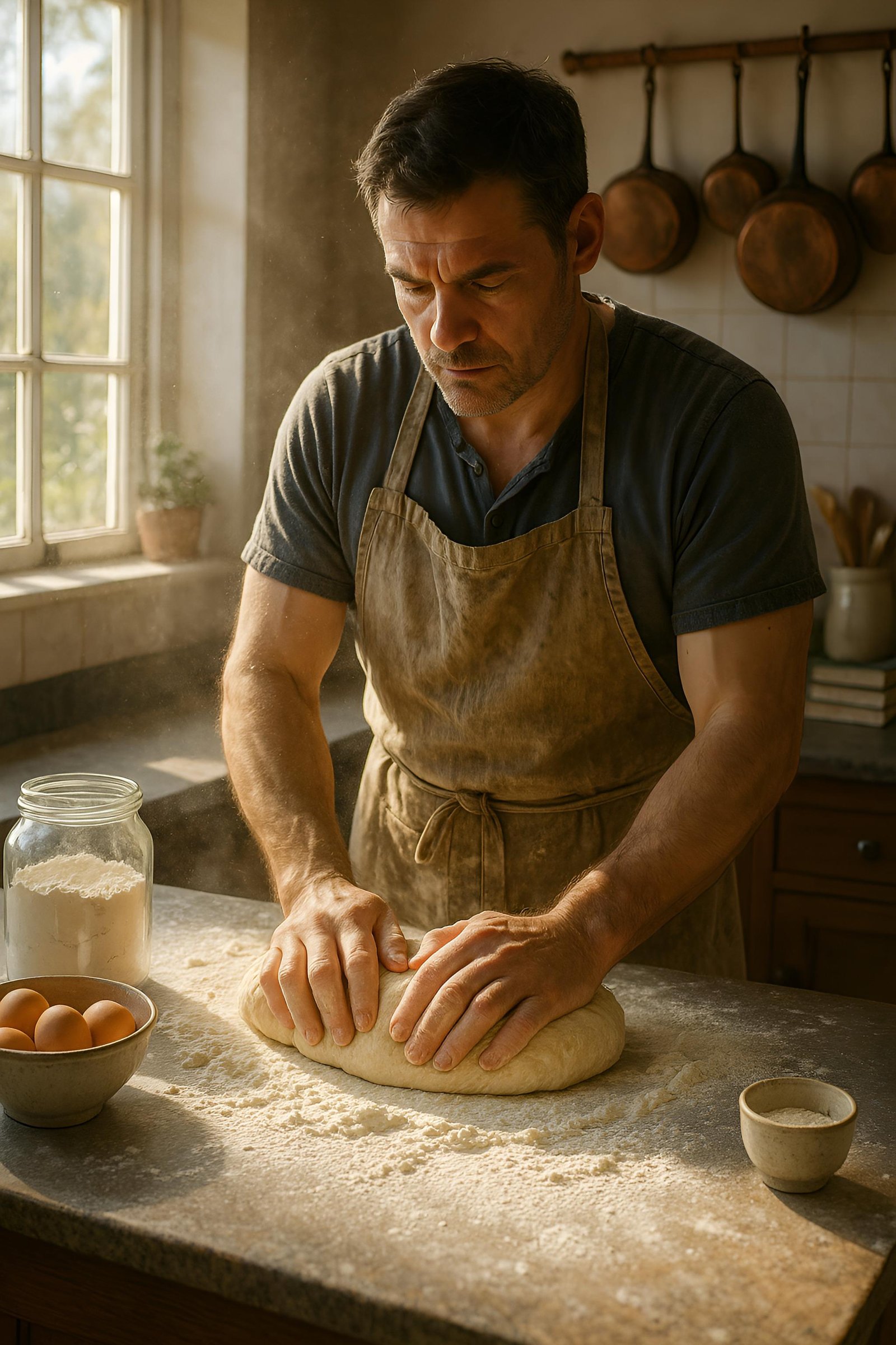 Man Kneading Fresh Bread Dough in Sunlit Rustic Kitchen