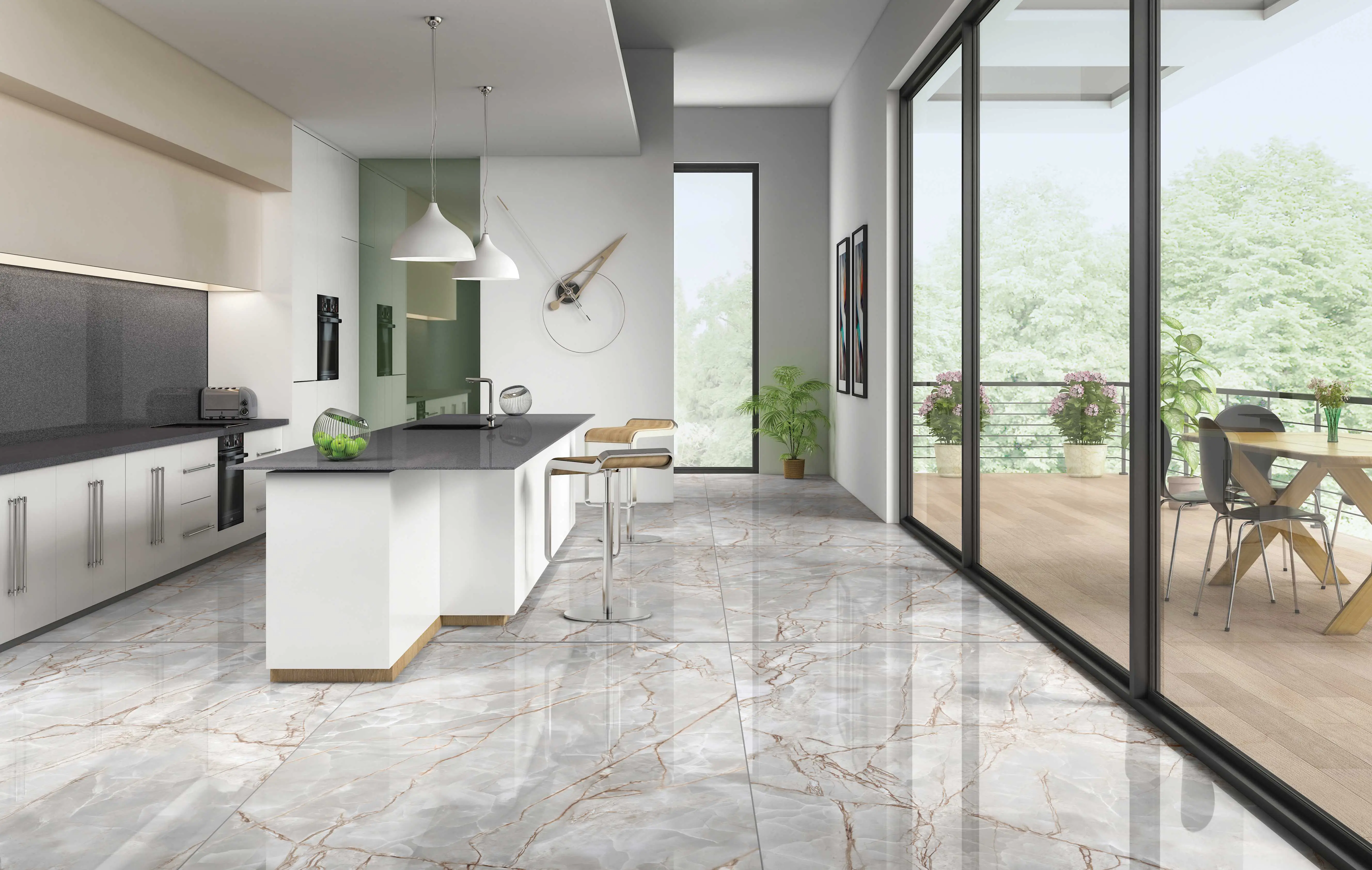 Marble-Effect Vitrified Tiles in a Bright, Modern Interior
