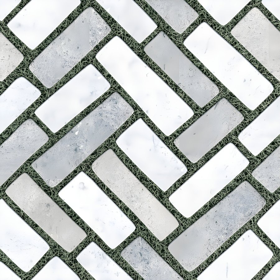 Marble Herringbone Pattern Grass Grout Tile