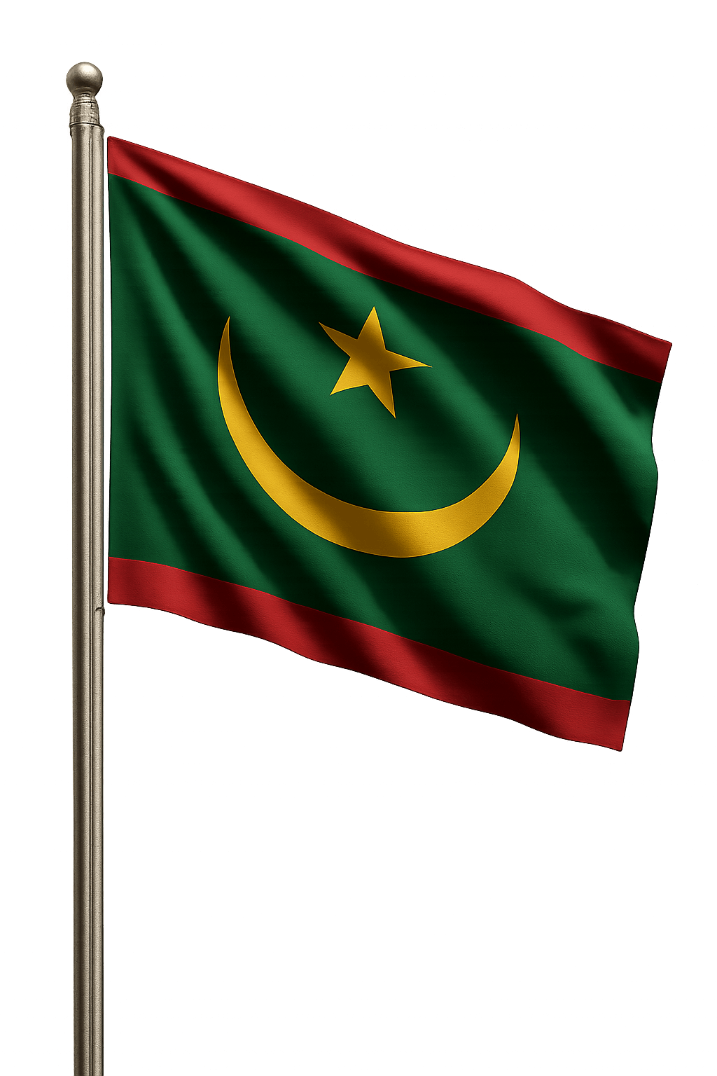 Mauritania Flag Waving on Pole, Transparent Background