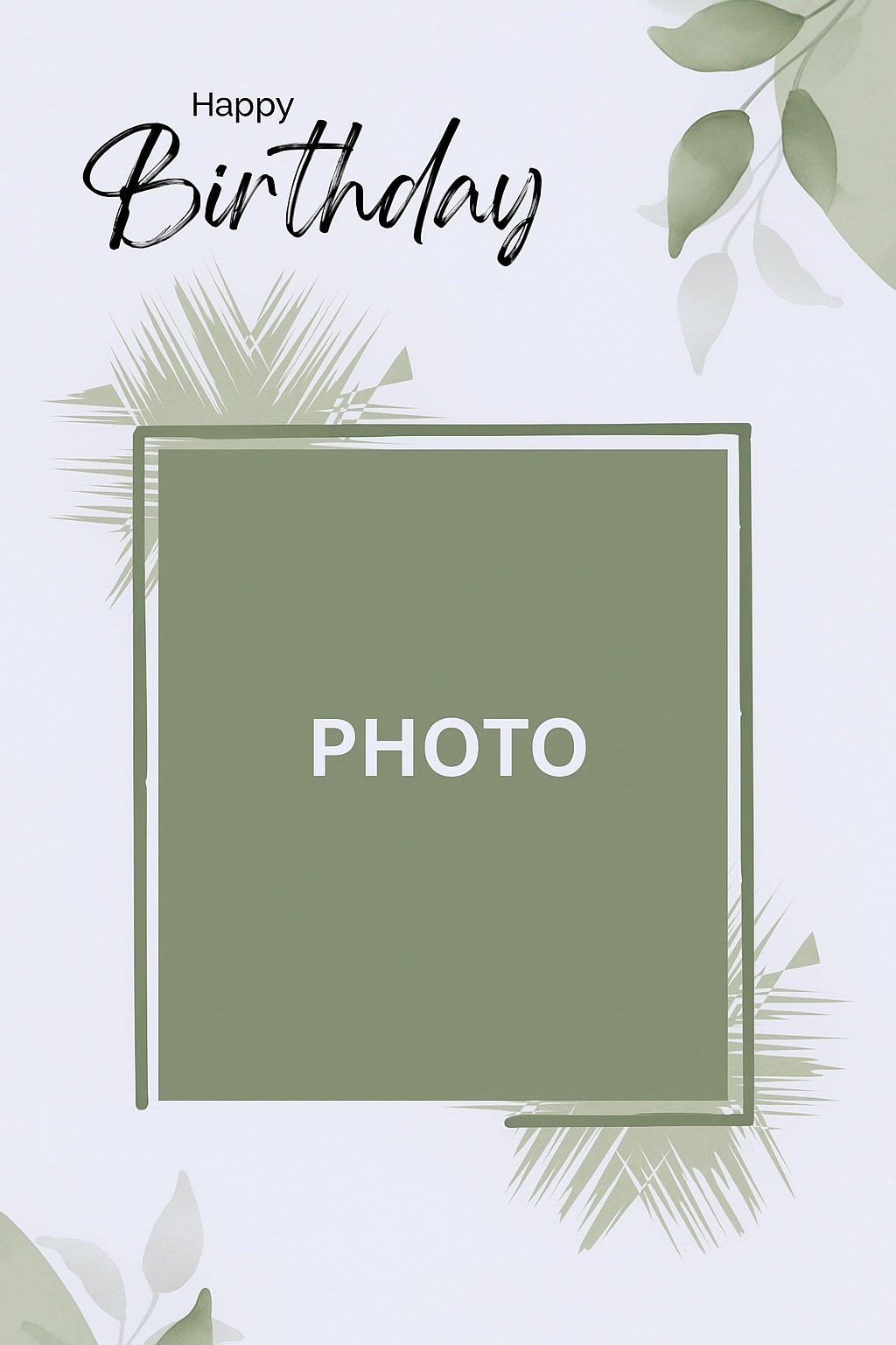 Minimalist Happy Birthday Card with Photo Placeholder and Leaf Motif