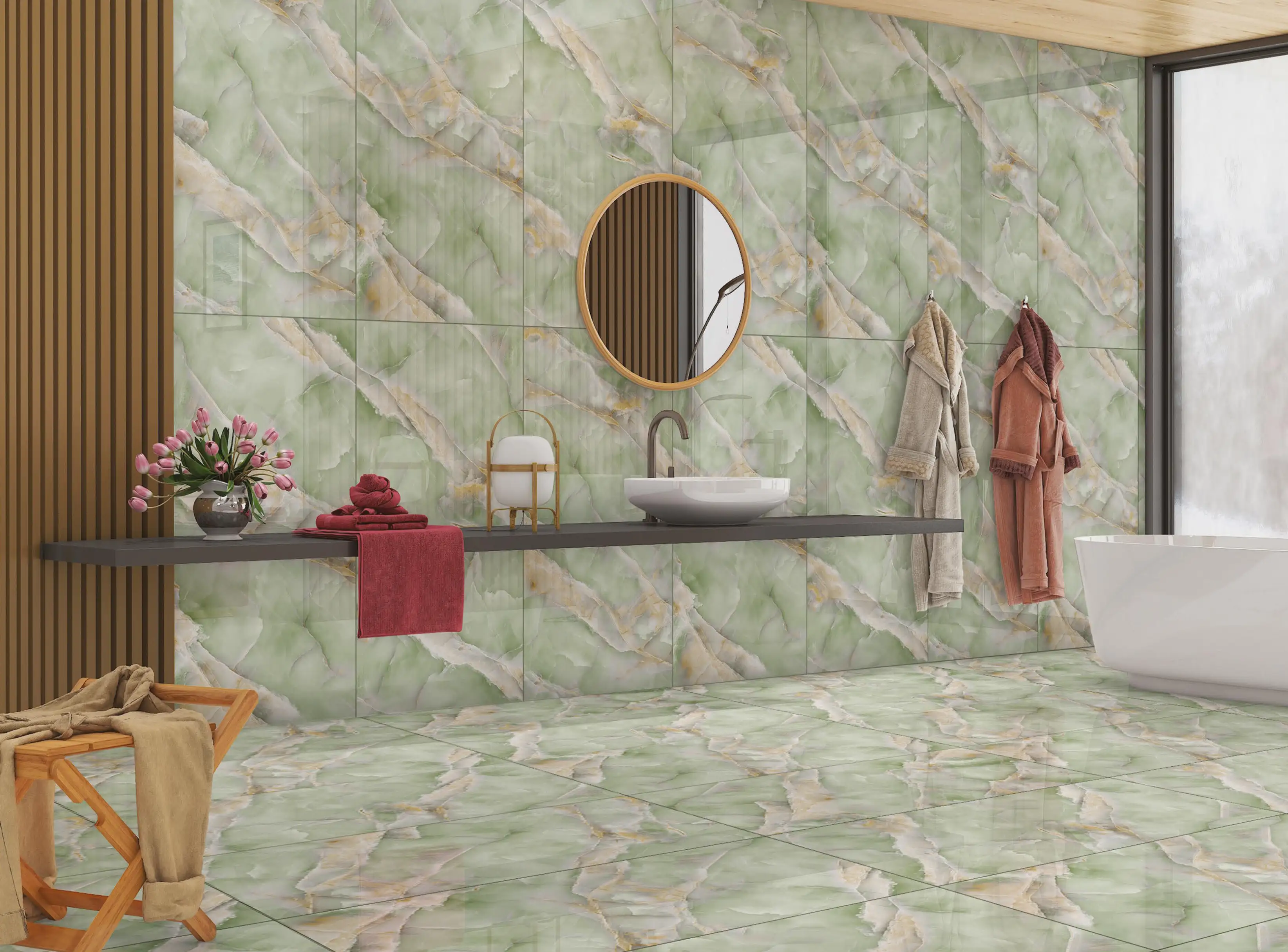 Modern Bathroom Design with Artistic Green Marble Tiles and Elegant Decor
