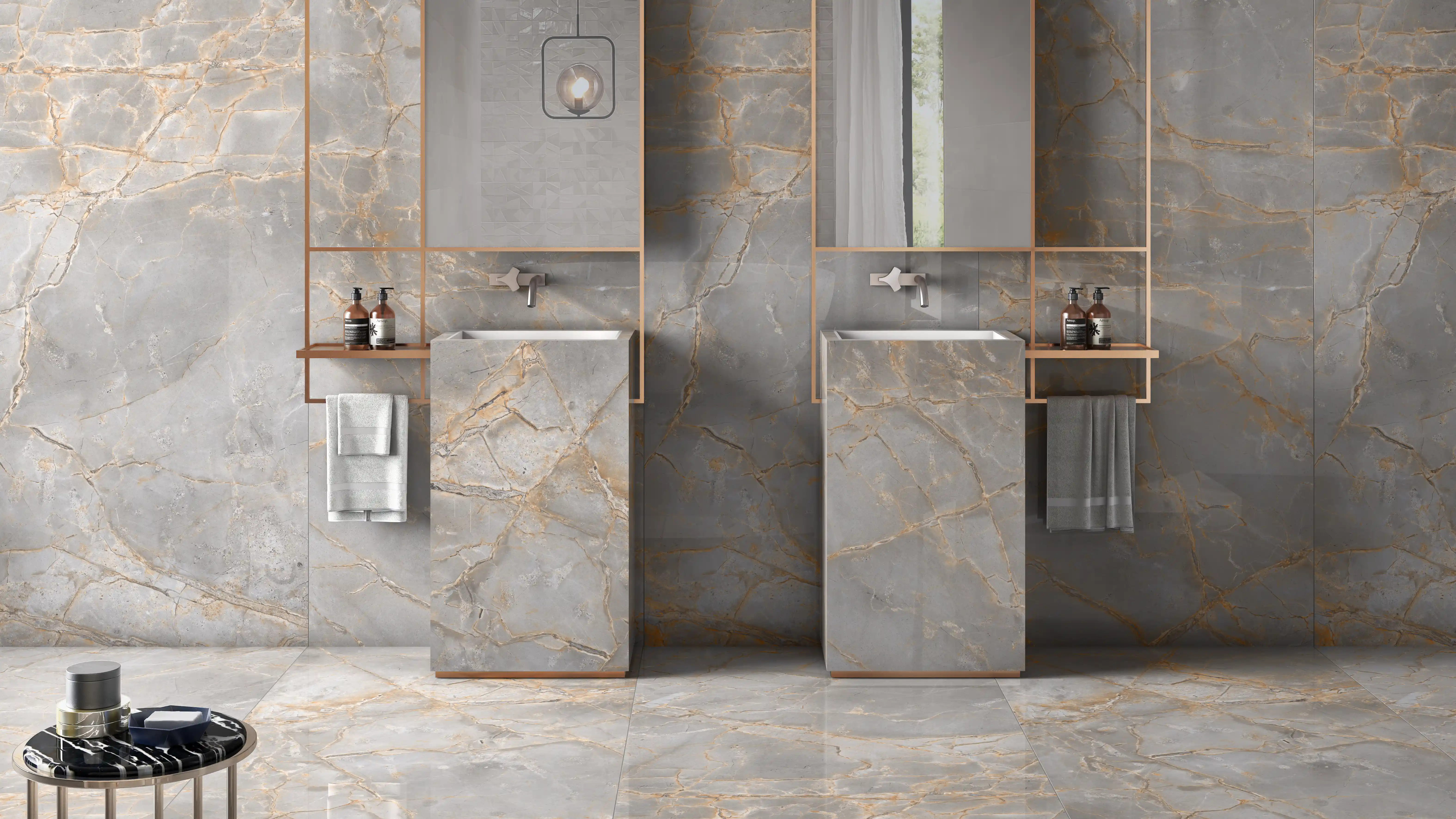 Modern Bathroom Interior with Elegant Marble Wall and Stylish Vanity