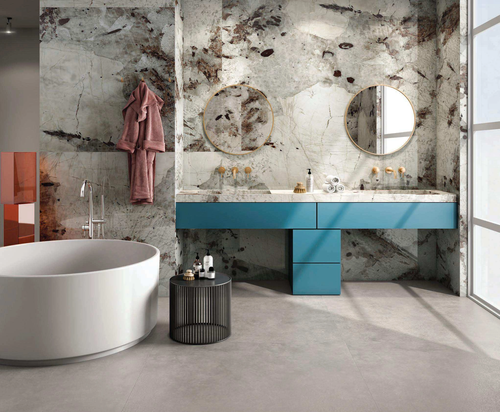 Modern Bathroom Interior with Marble Walls and Stylish Blue Vanity