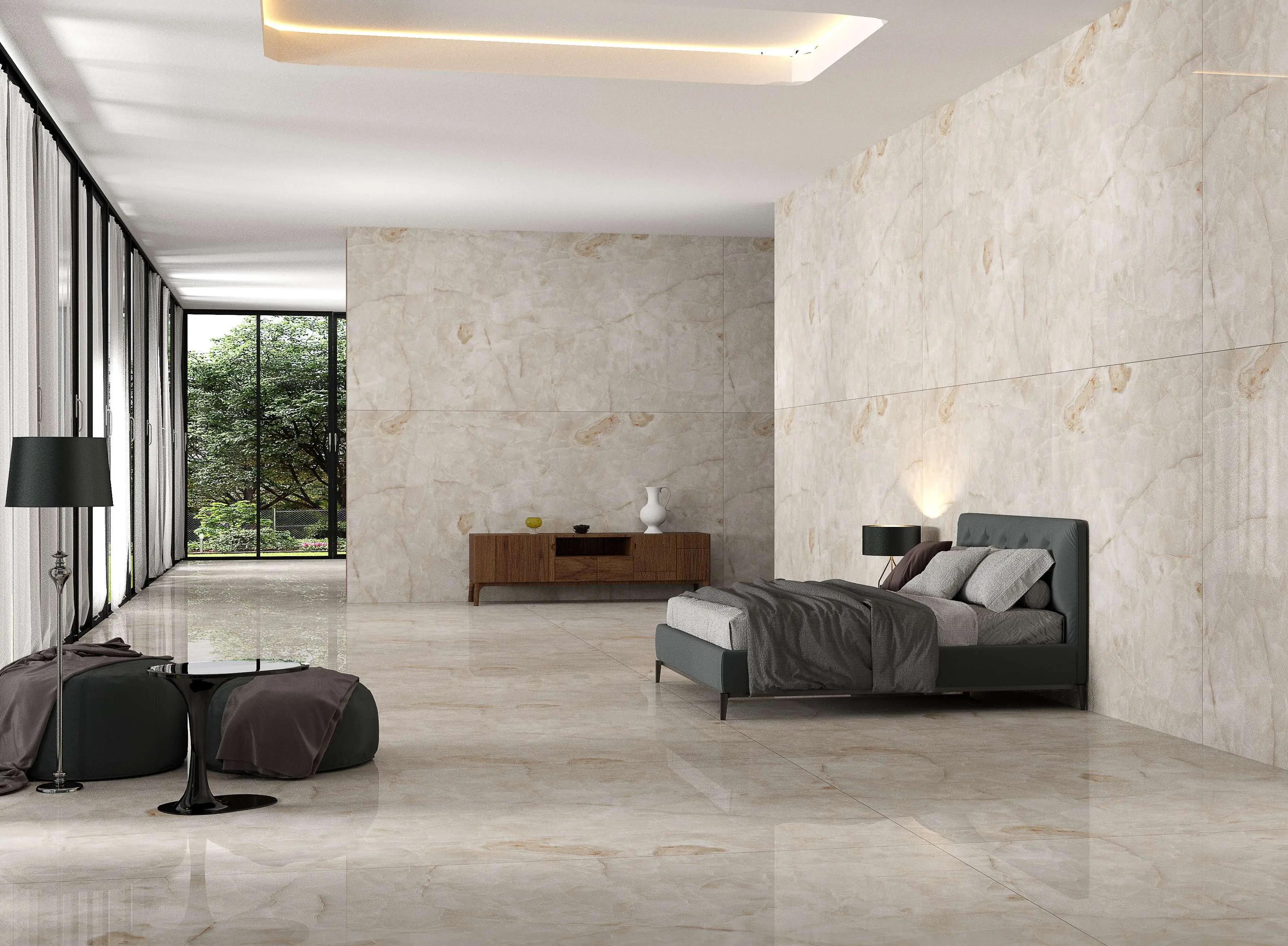Modern Bedroom With Stylish Interior Featuring Marble Walls and Wide Windows