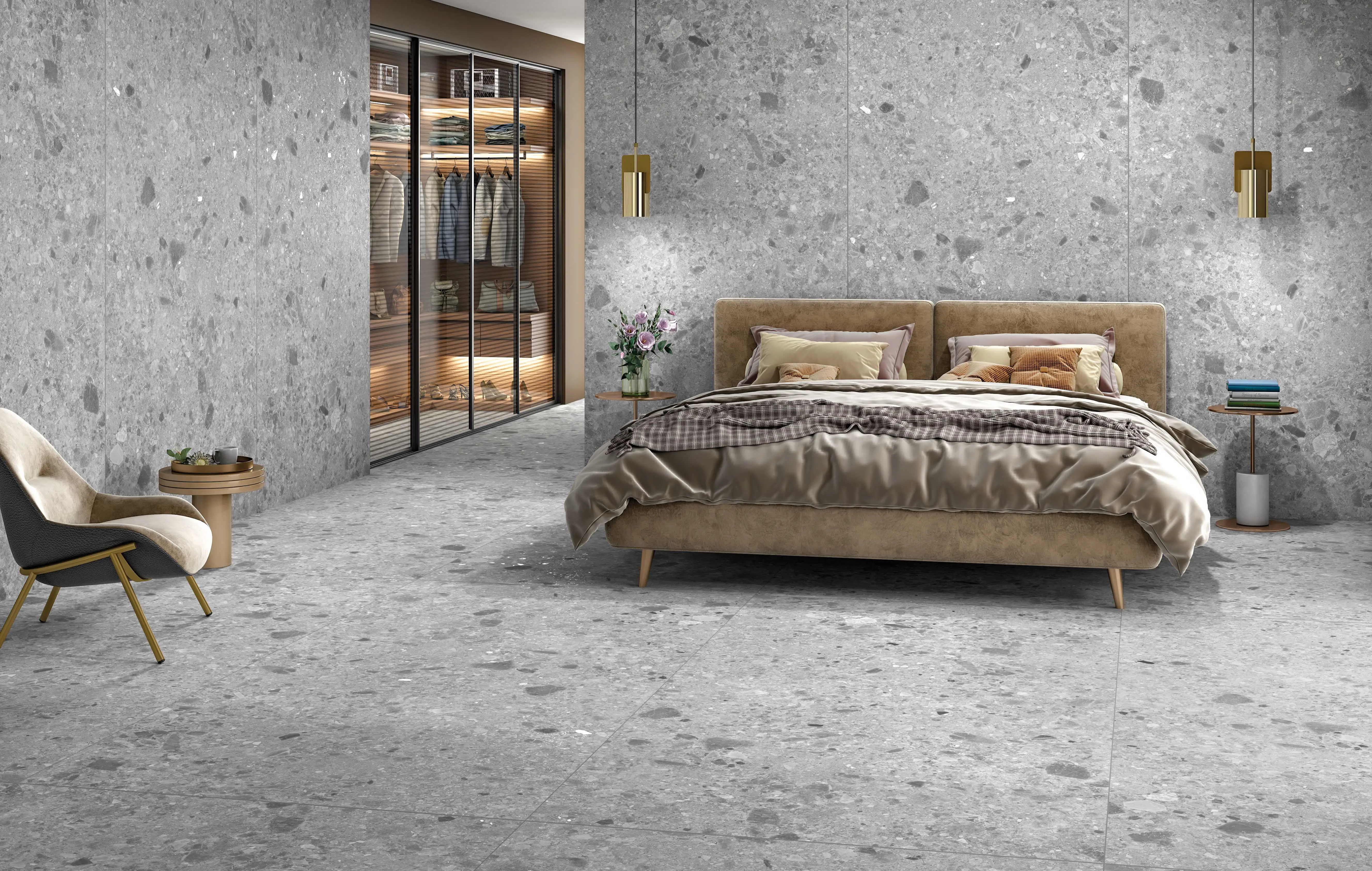 Modern Bedroom with Terrazzo-look Tiles and Norfolk Furninova Bed