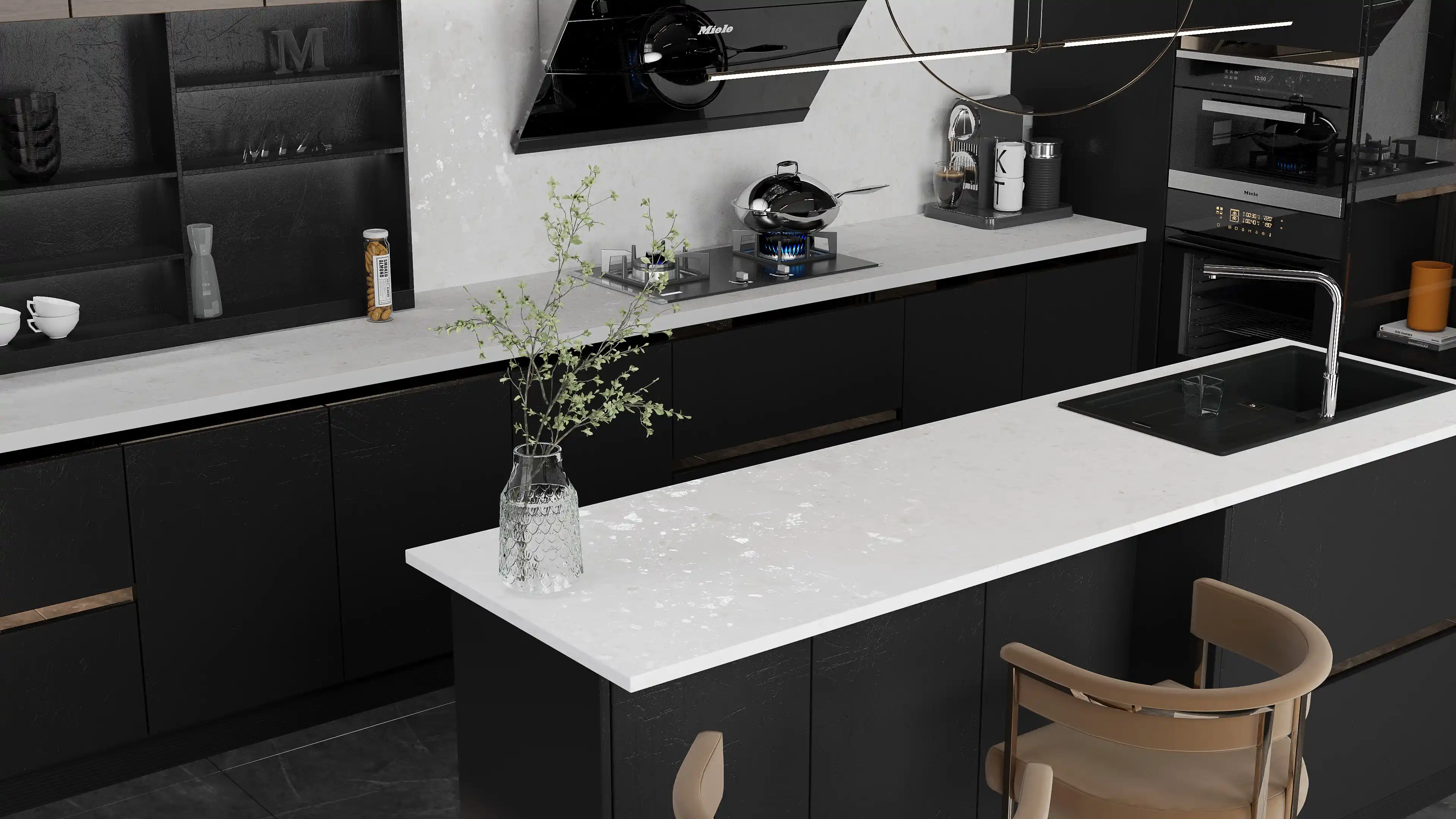 Modern Black Kitchen Interior Design with Sleek Countertop and Minimalist Decor