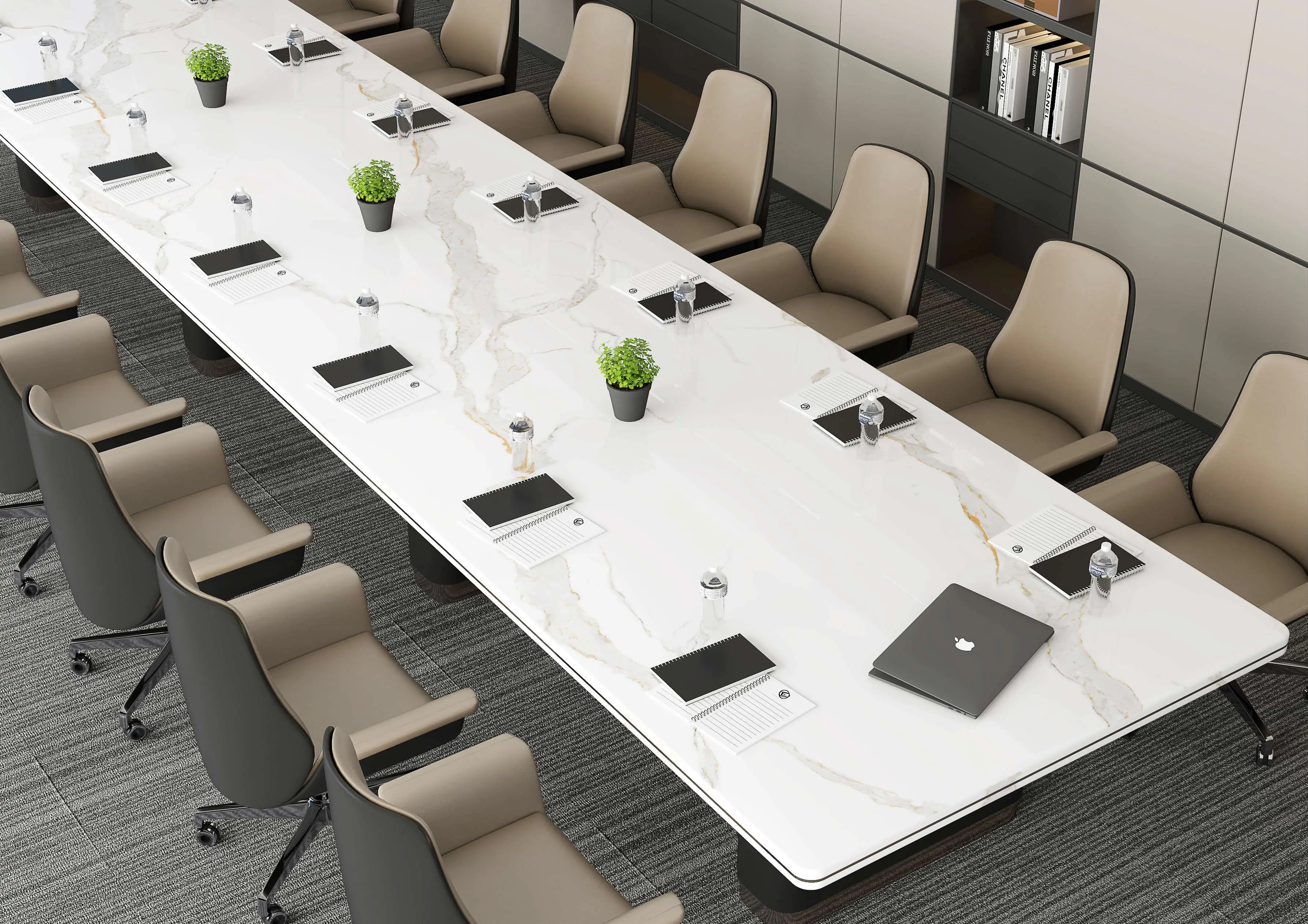 Modern Boardroom With White Conference Table, Chairs, and Office Supplies Setup