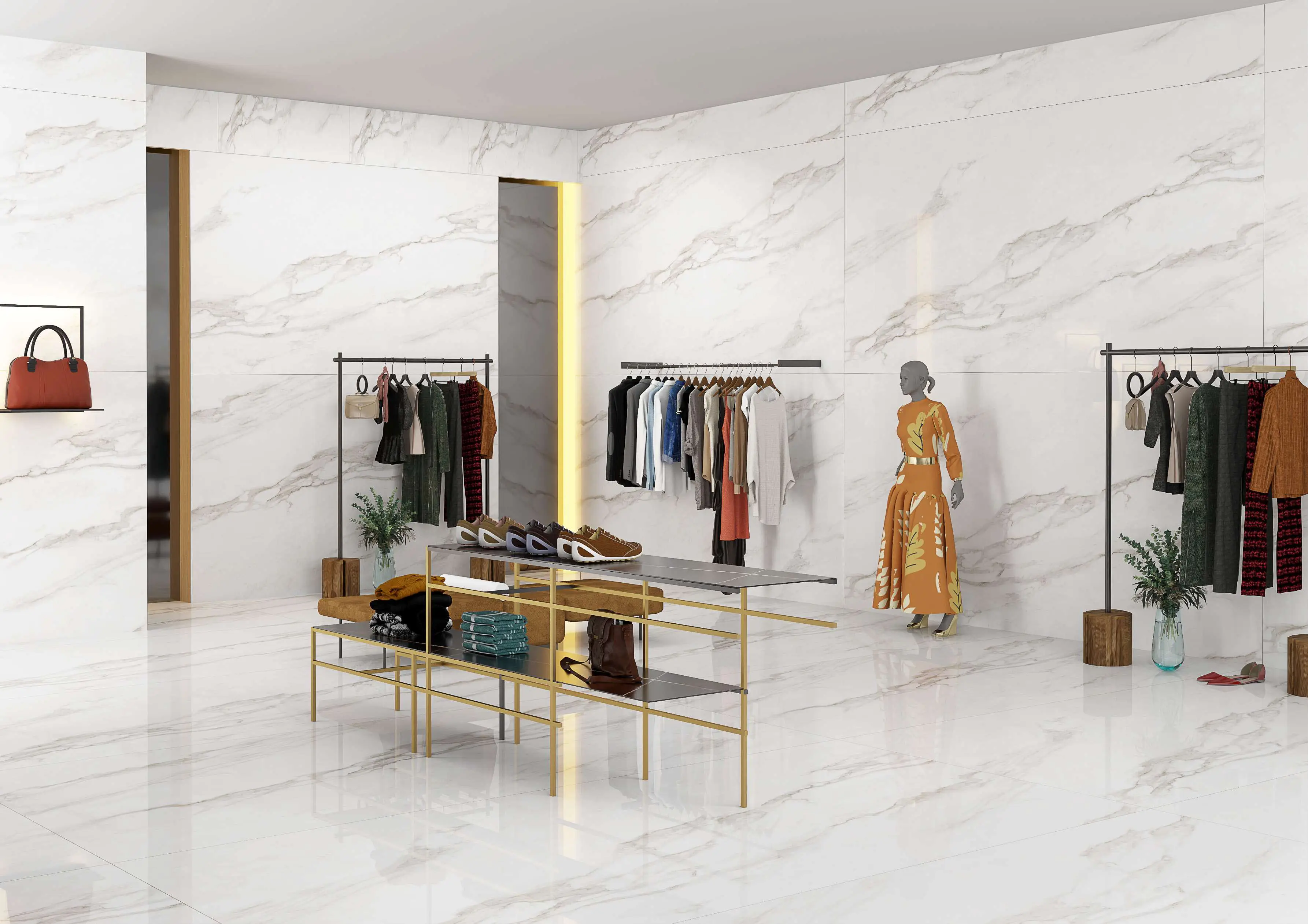 Modern Boutique Interior with Mannequin Displays and Stylish Clothing on Racks