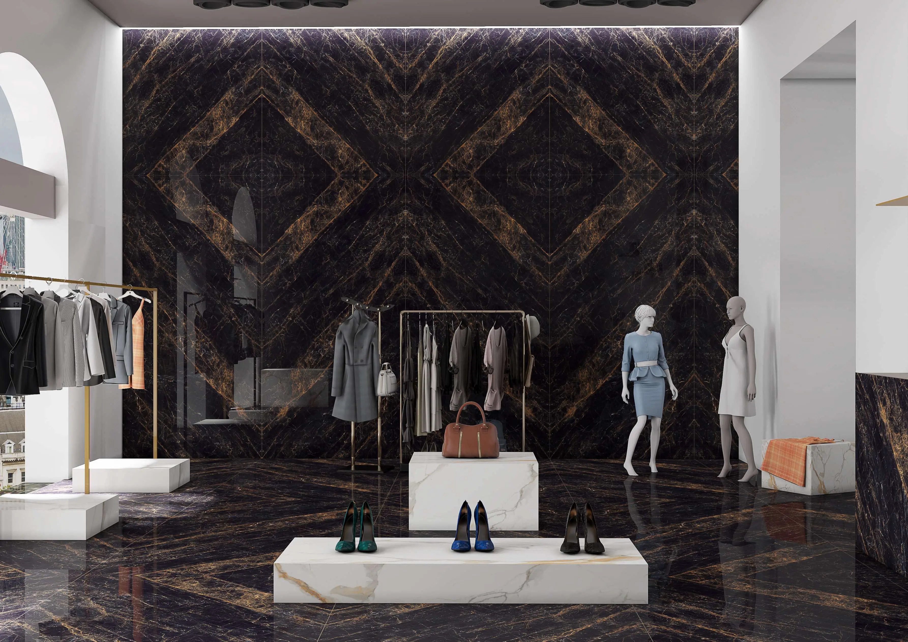 Modern Boutique Showroom Featuring Elegant Marble Flooring and Stylish Mannequin Displays