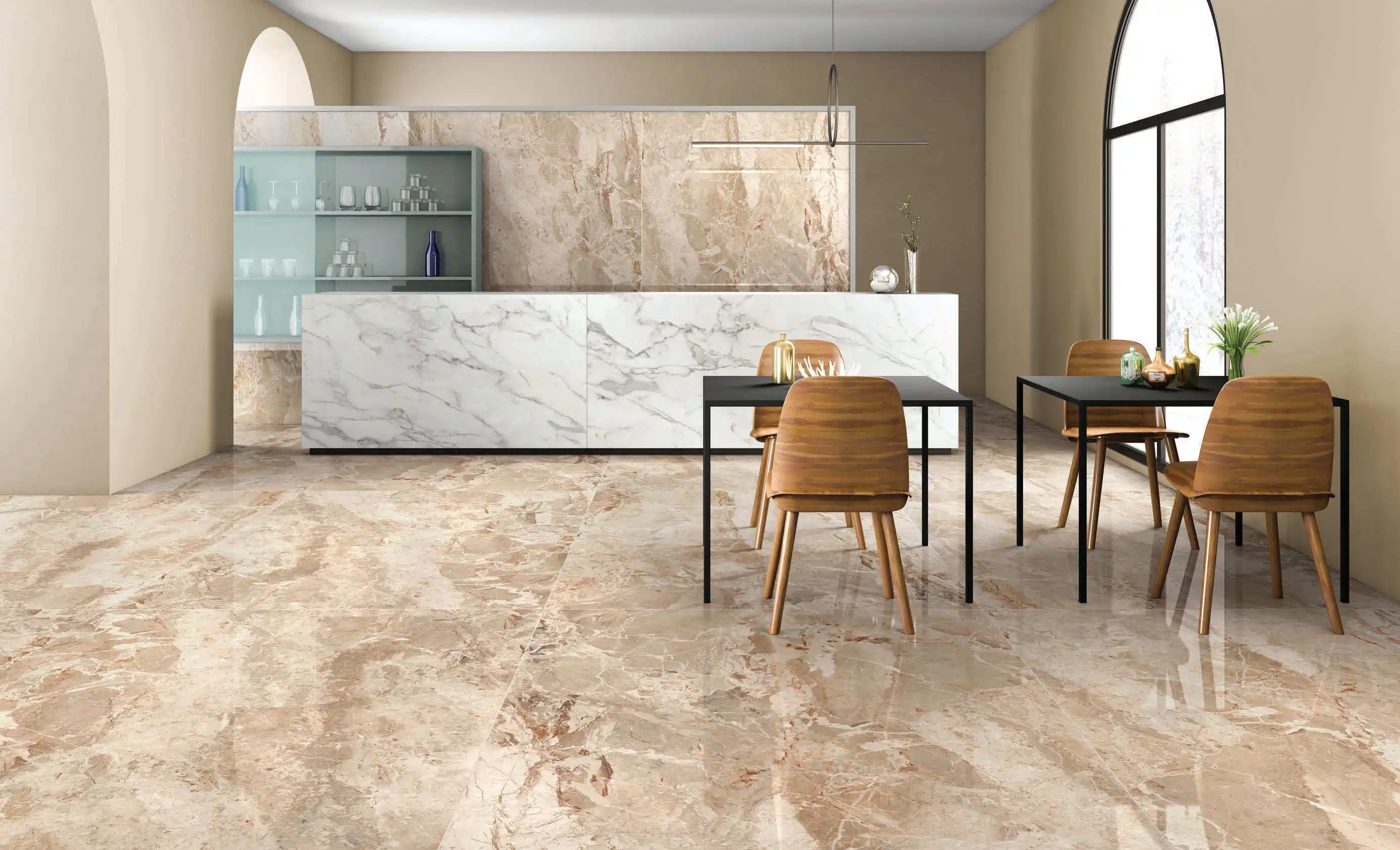 Modern Bright Kitchen With Marble Flooring and Comfortable Wooden Dining Chairs