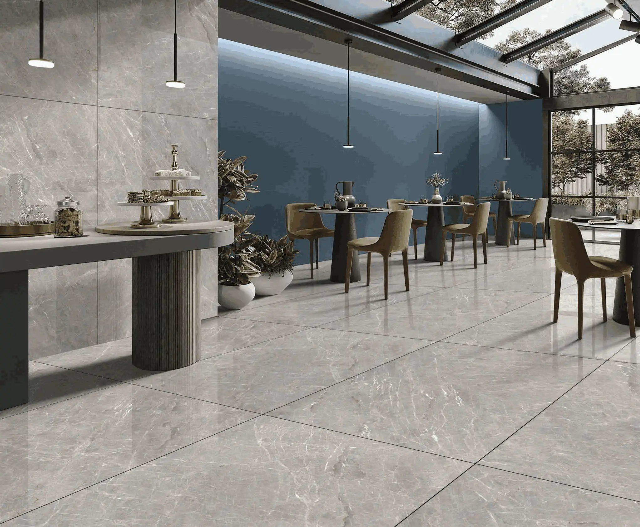 Modern Cafe Space With Elegant Marble Flooring and Trendy Minimalist Decor