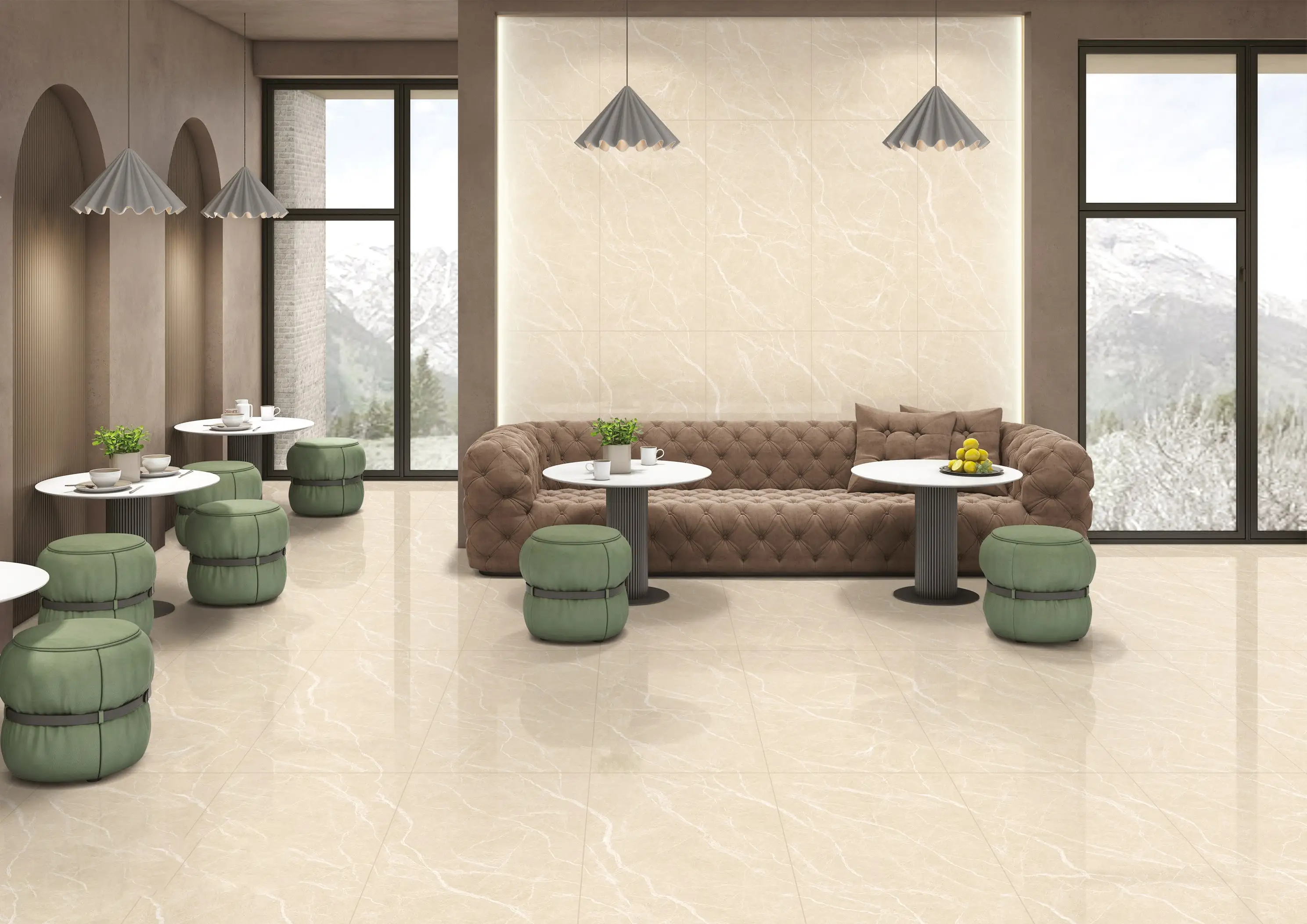 Modern Cafe with Elegant Furniture and Scenic Mountain View Through Large Windows