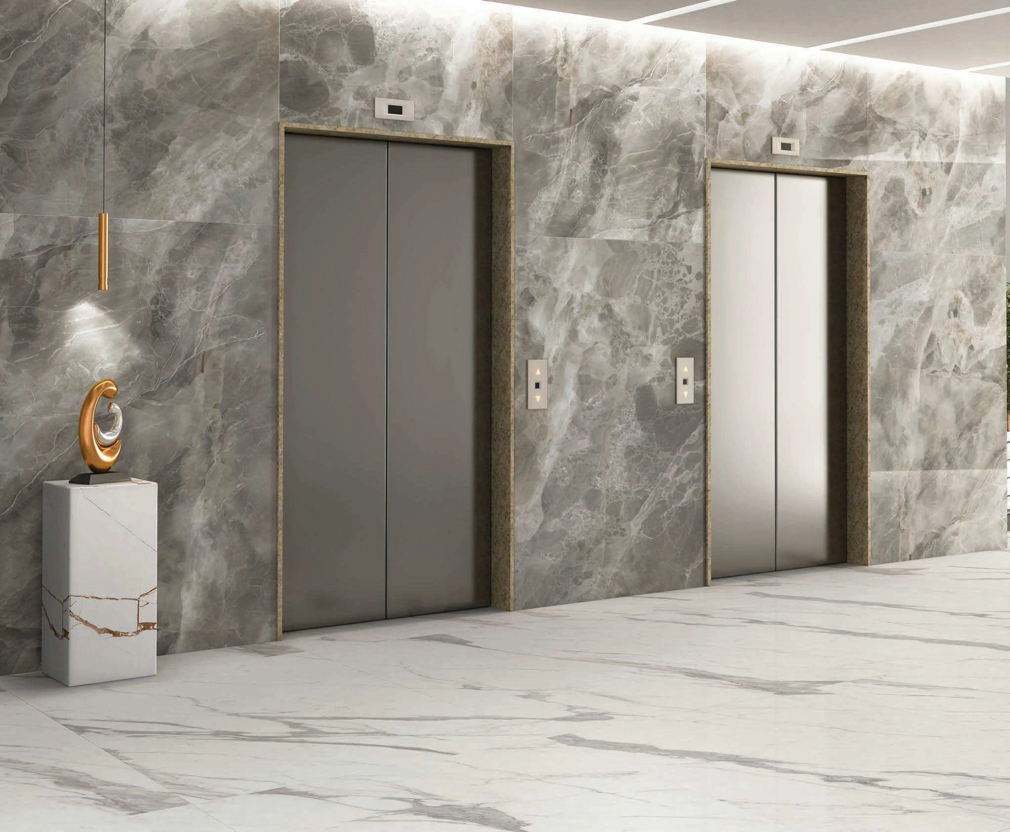 Modern Elevator Lobby With Marble Walls and Sleek Design