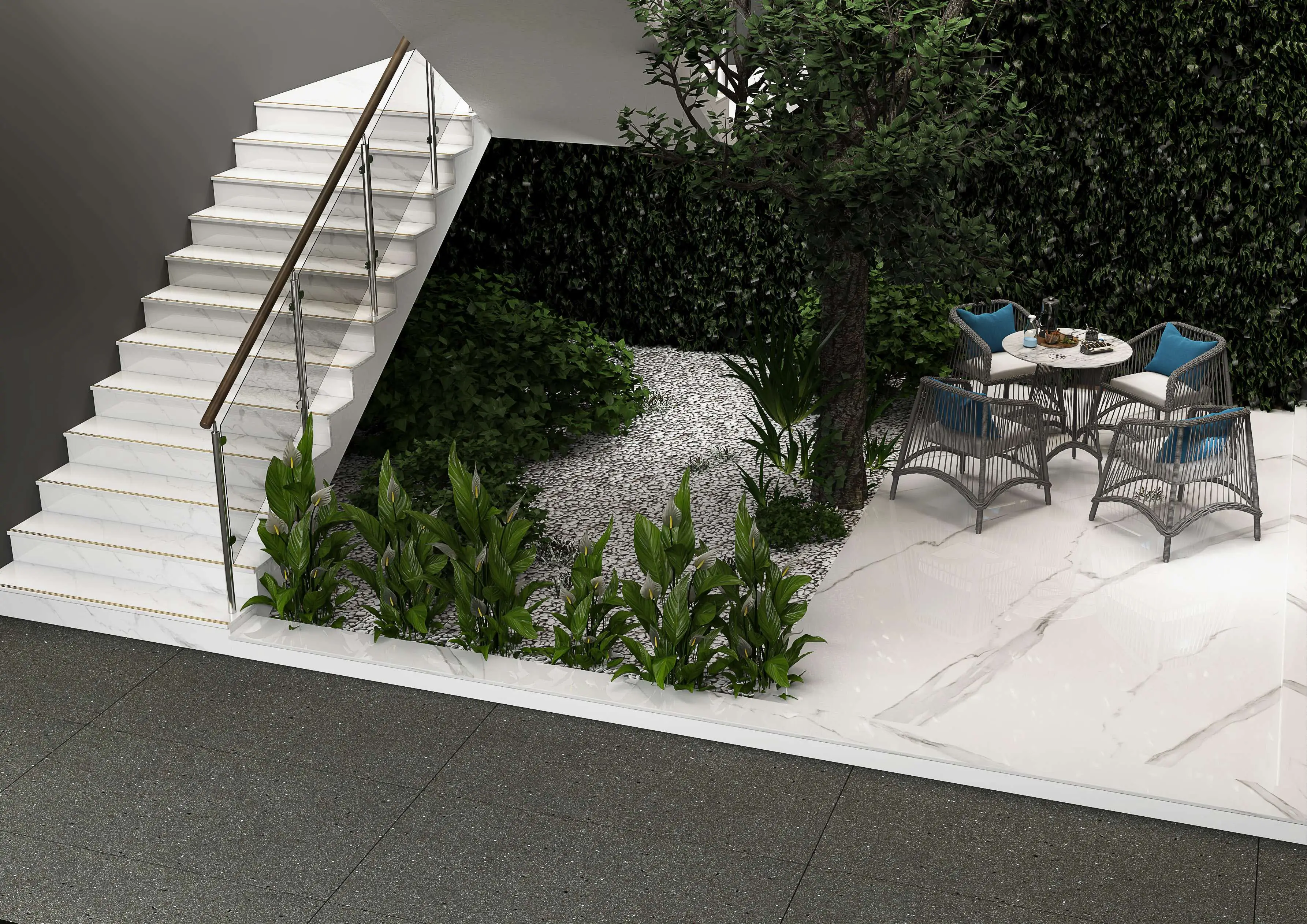 Modern Garden Seating Area Under Staircase with Stylish Furniture