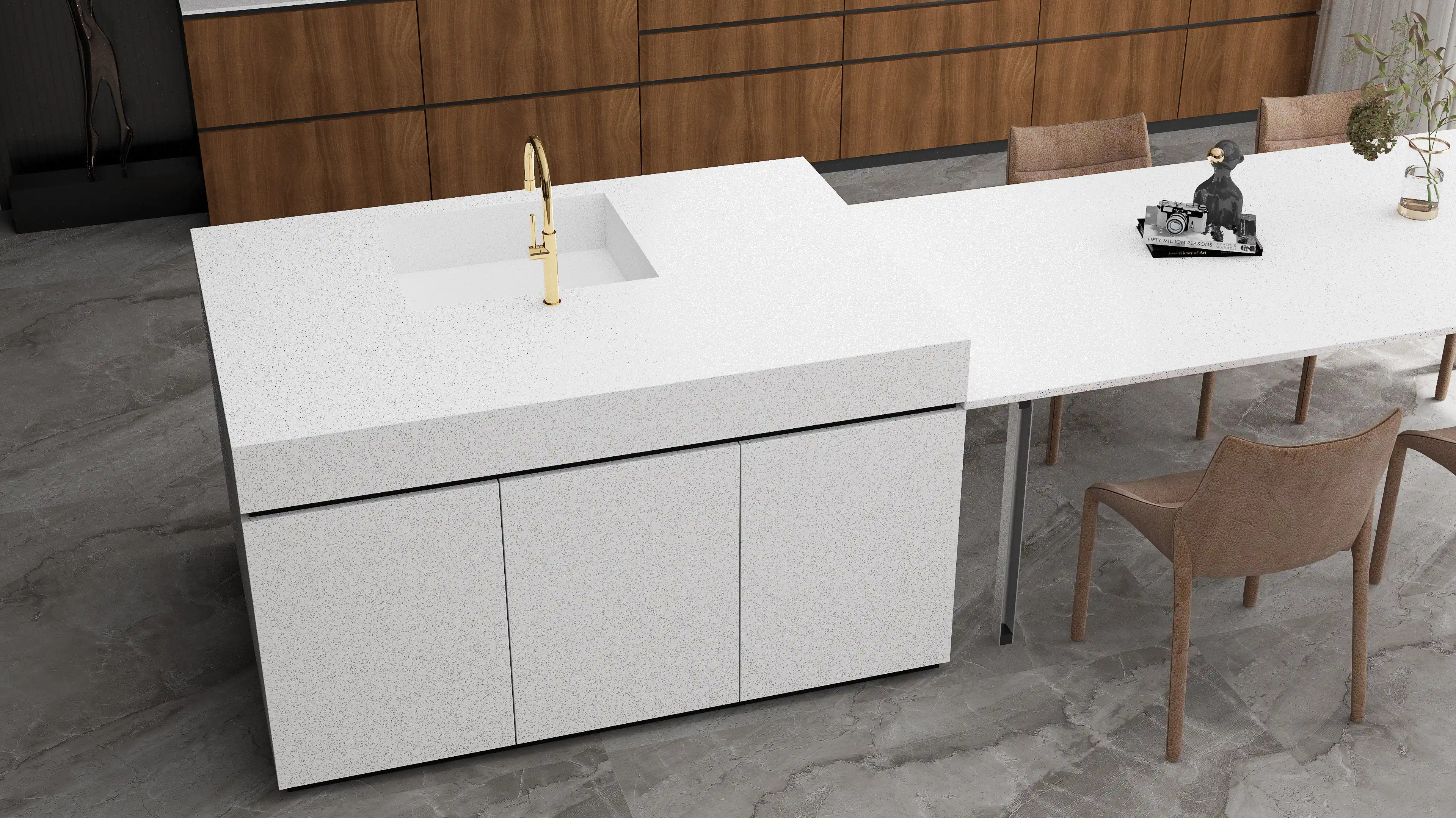 Modern Kitchen Countertop With Integrated Sink and Contemporary Dining Arrangement