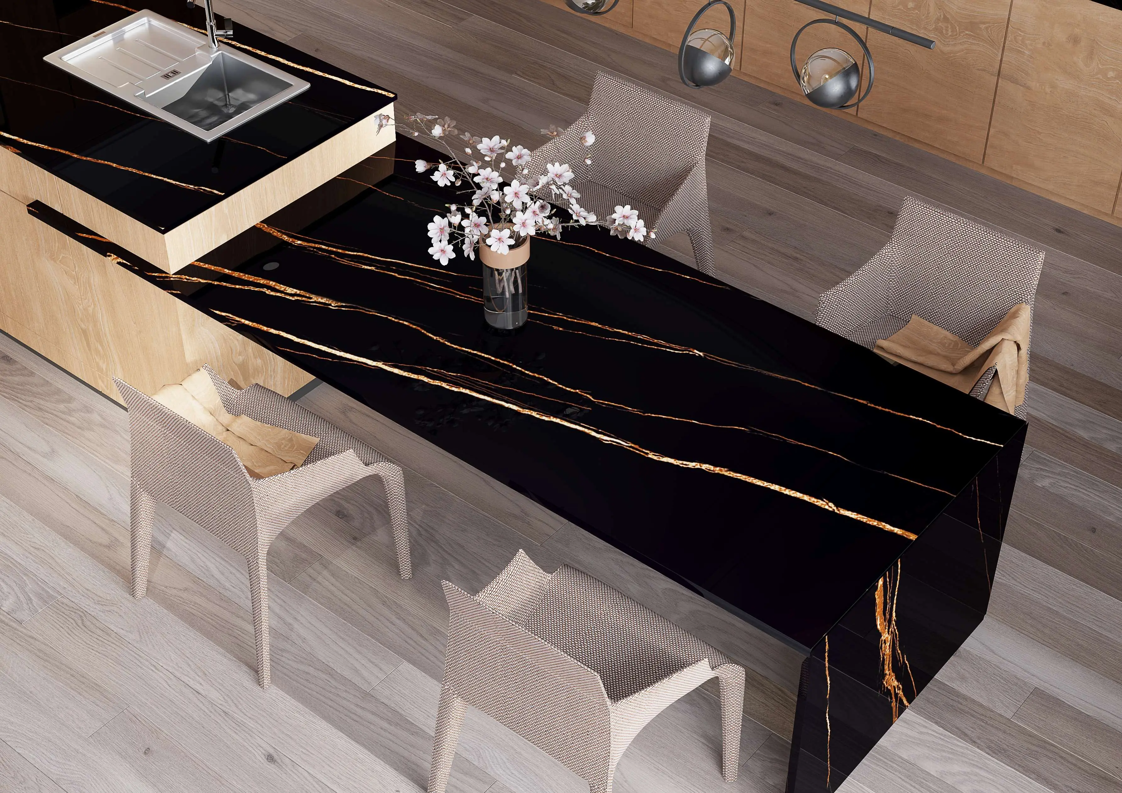 Modern Kitchen Design Featuring Elegant Black Marble Table and Stylish Interior Decor
