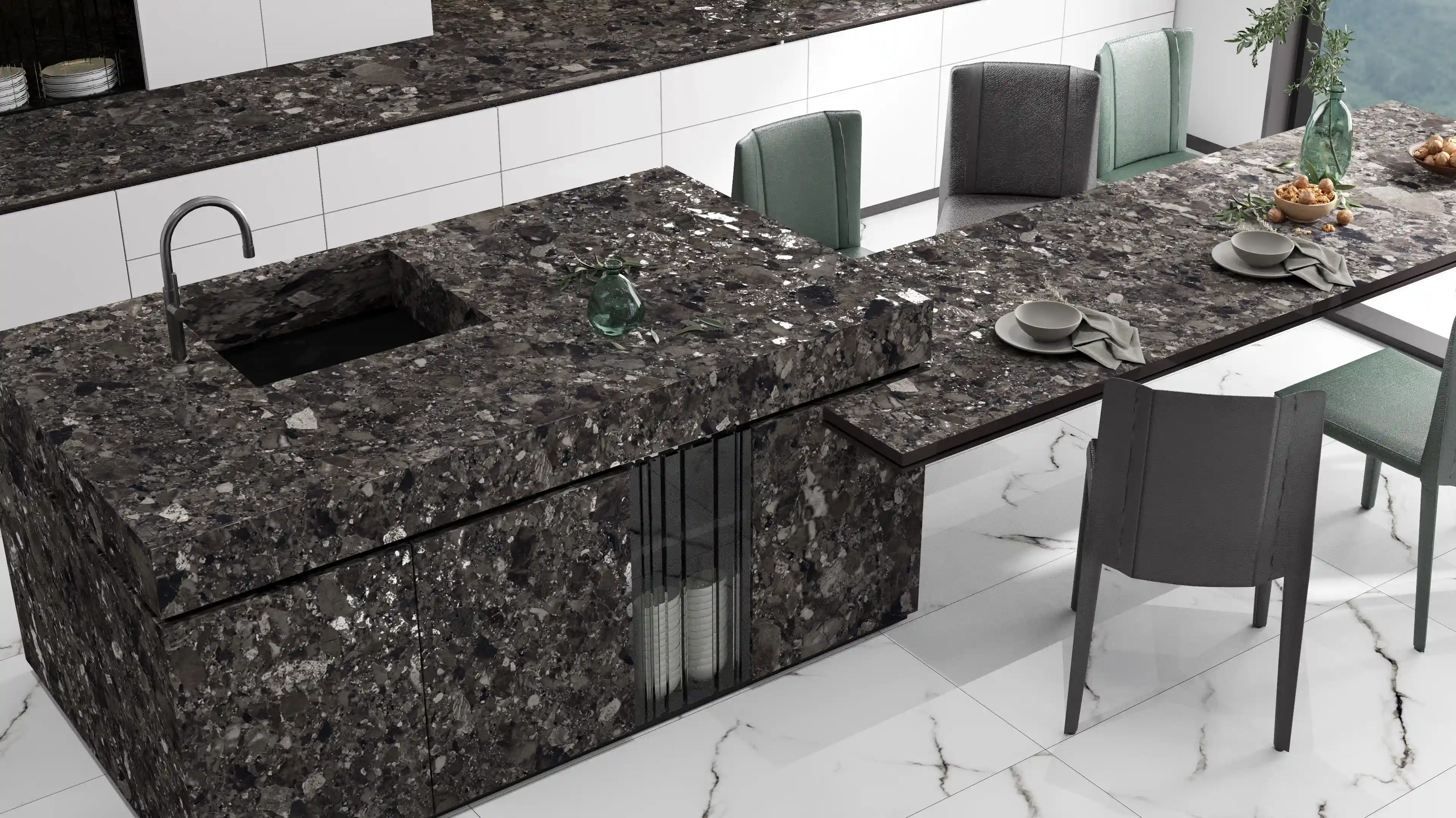 Modern Kitchen Interior Featuring Granite Countertops and Stylish Dining Area