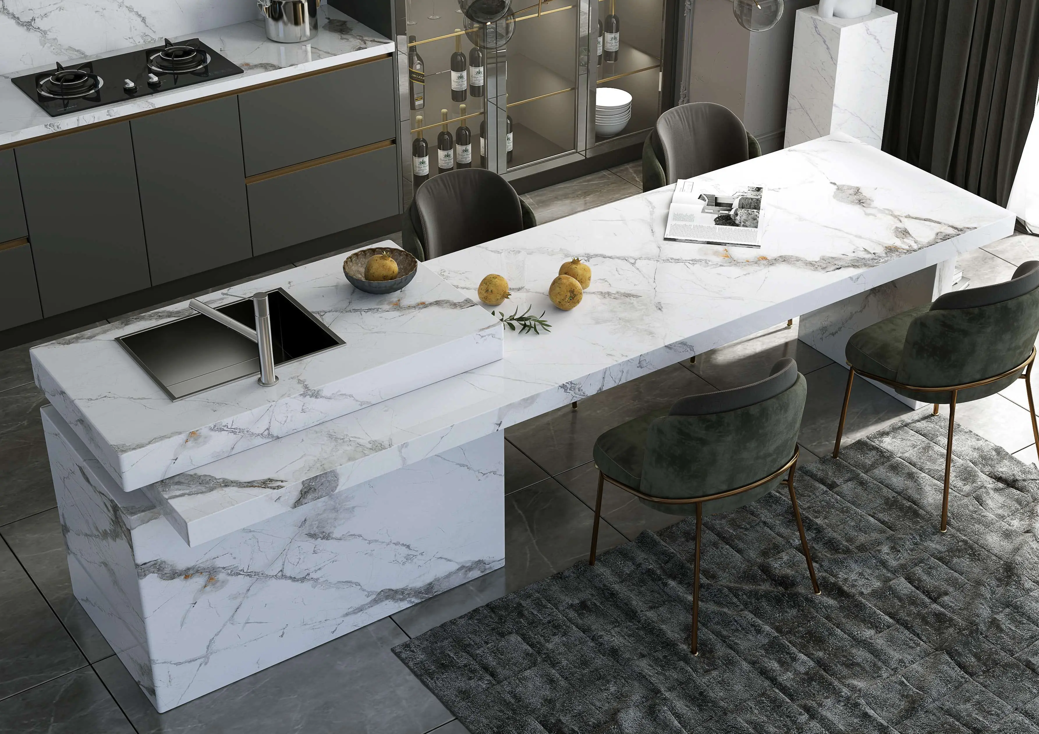 Modern Kitchen Interior with Marble Counter and Sleek Minimalist Design
