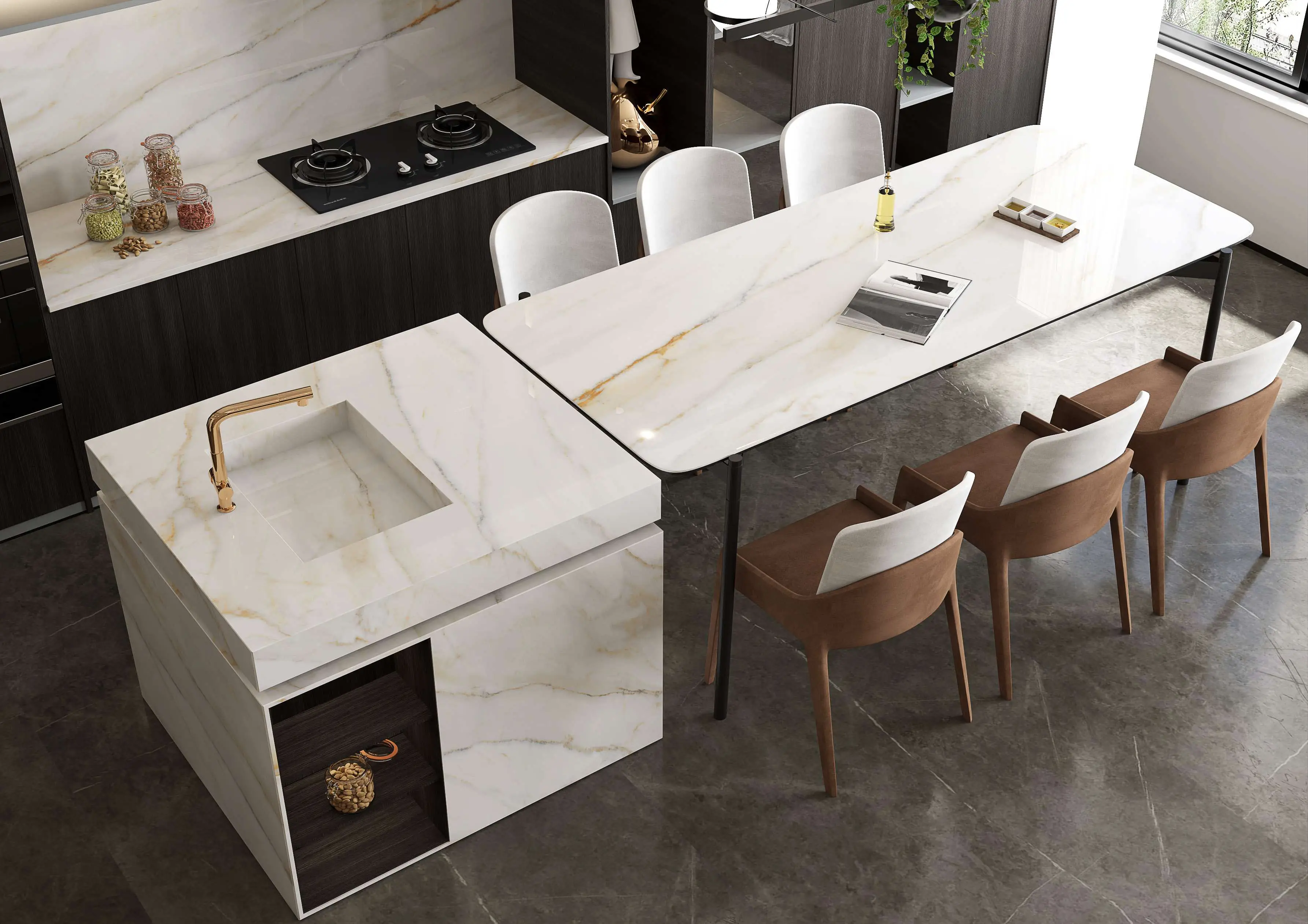 Modern Kitchen Interior with Marble Countertops and Elegant Dining Furniture