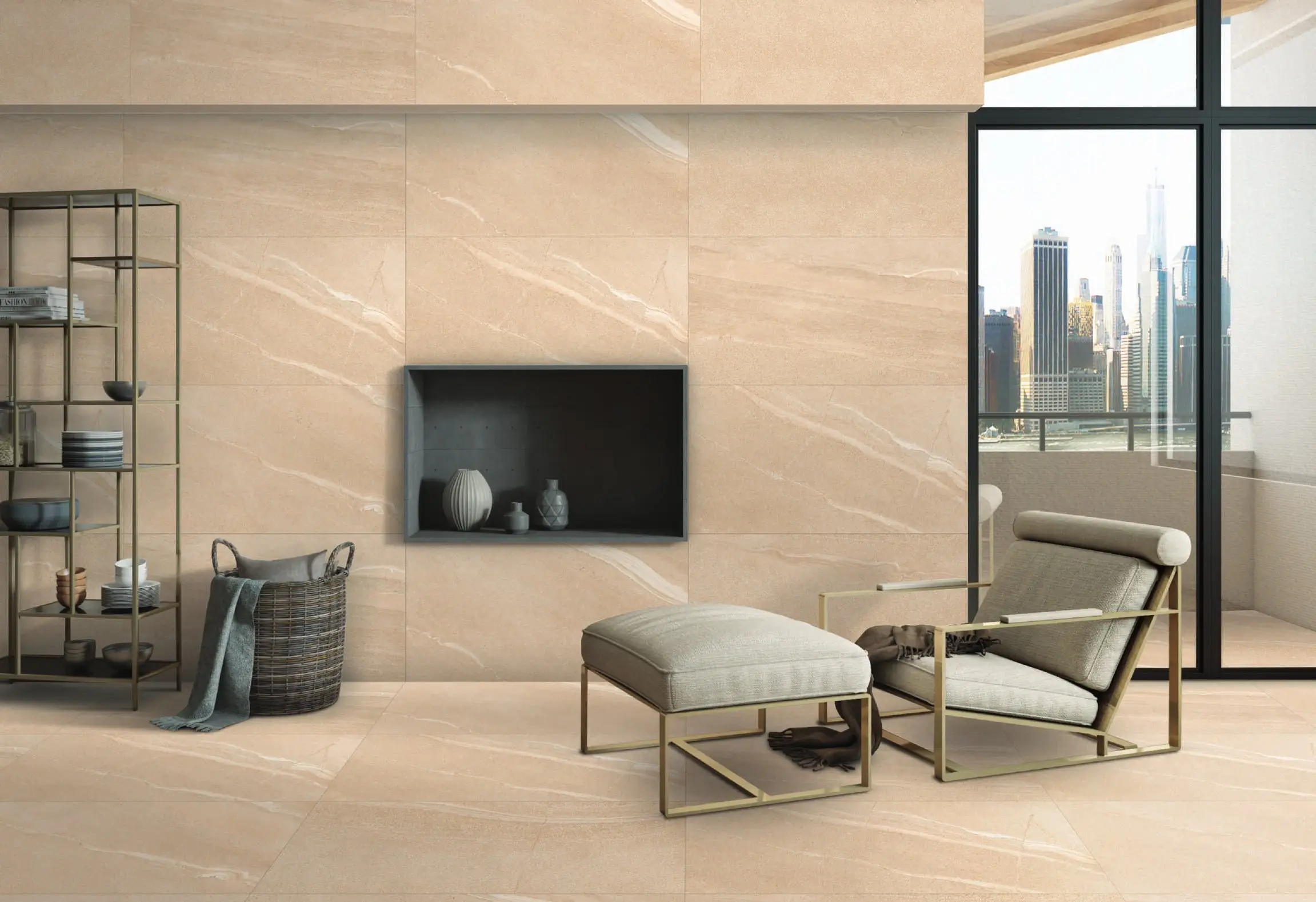 Modern Living Room With Beige Tiles and Comfortable Furniture
