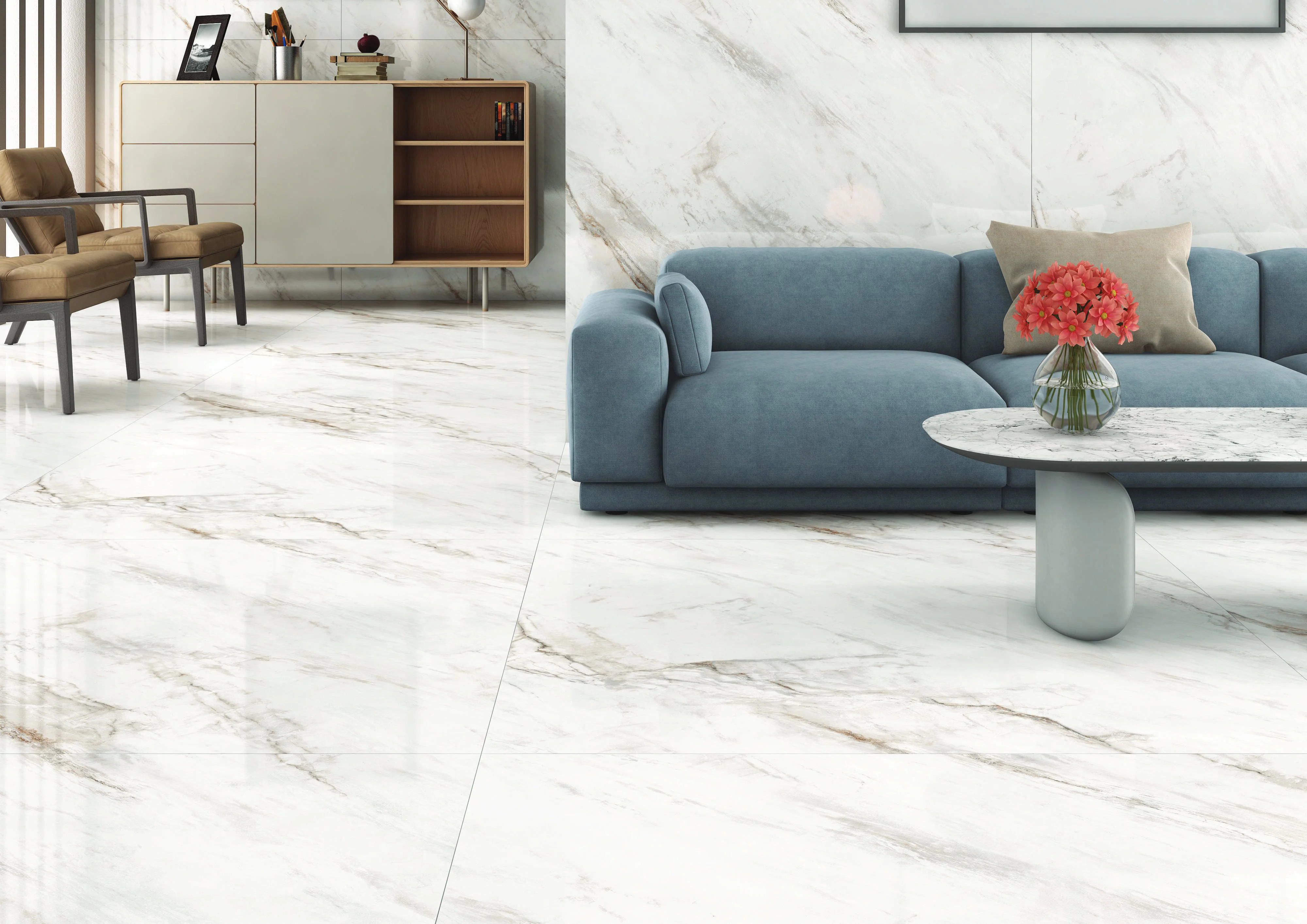 Modern Living Room with Blue Sofa and Marble Accents