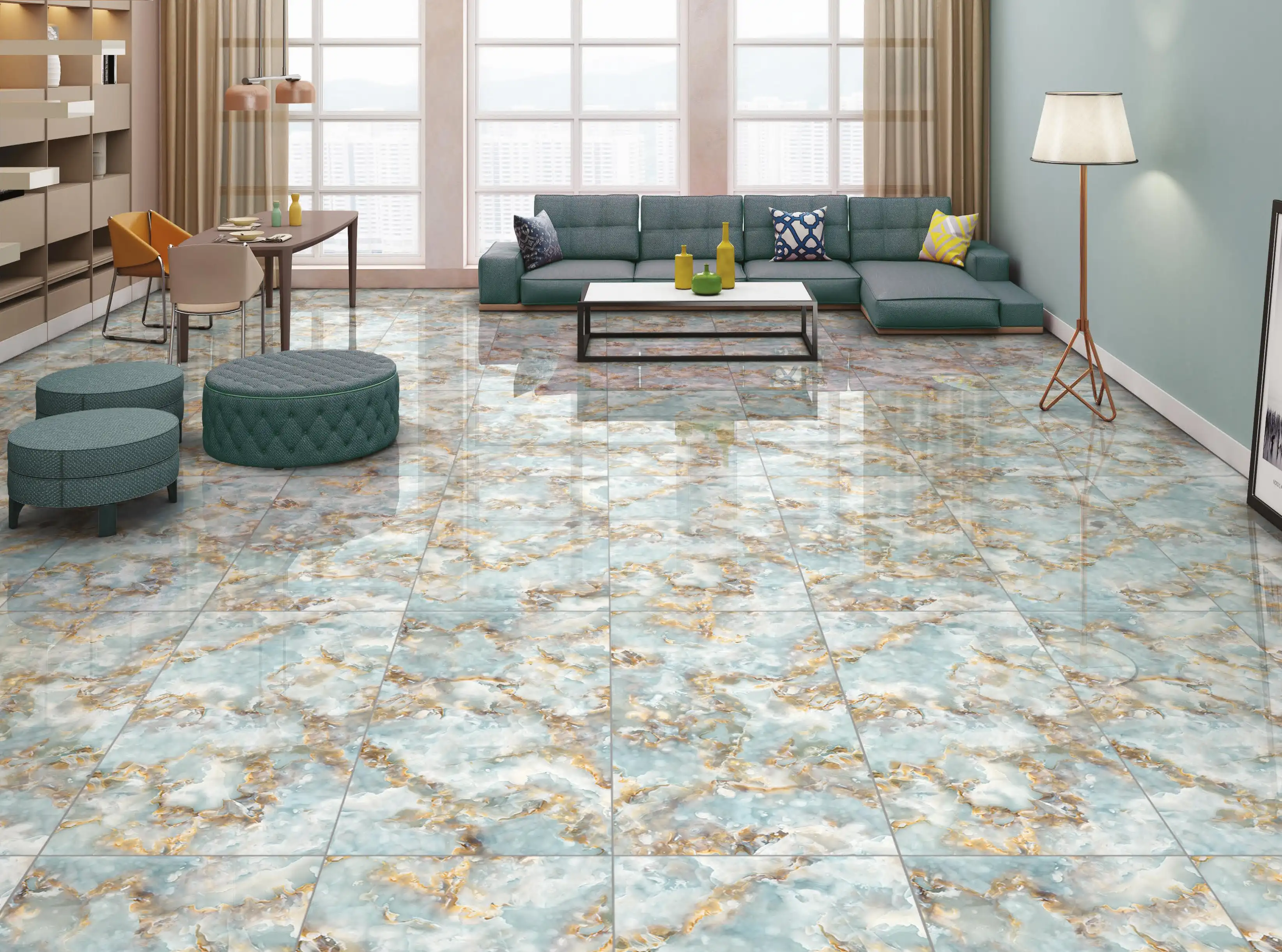 Modern Living Room with Contemporary Design and Marbled Tile Flooring