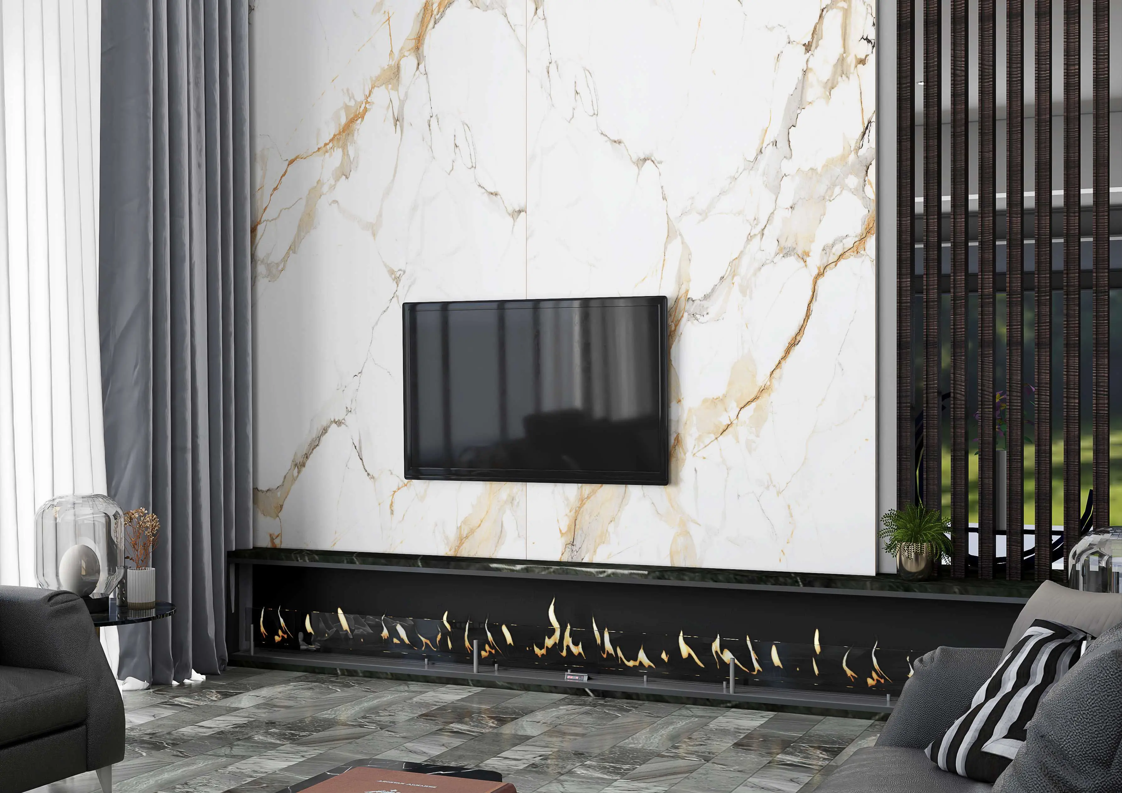Modern Living Room with Marble Wall and Built-In Fireplace