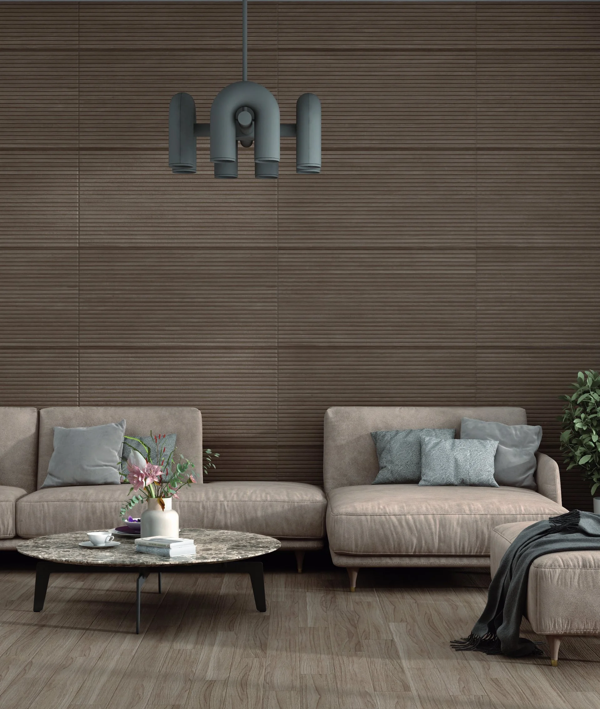 Modern living room with ribbed accent wall and contemporary sofas.