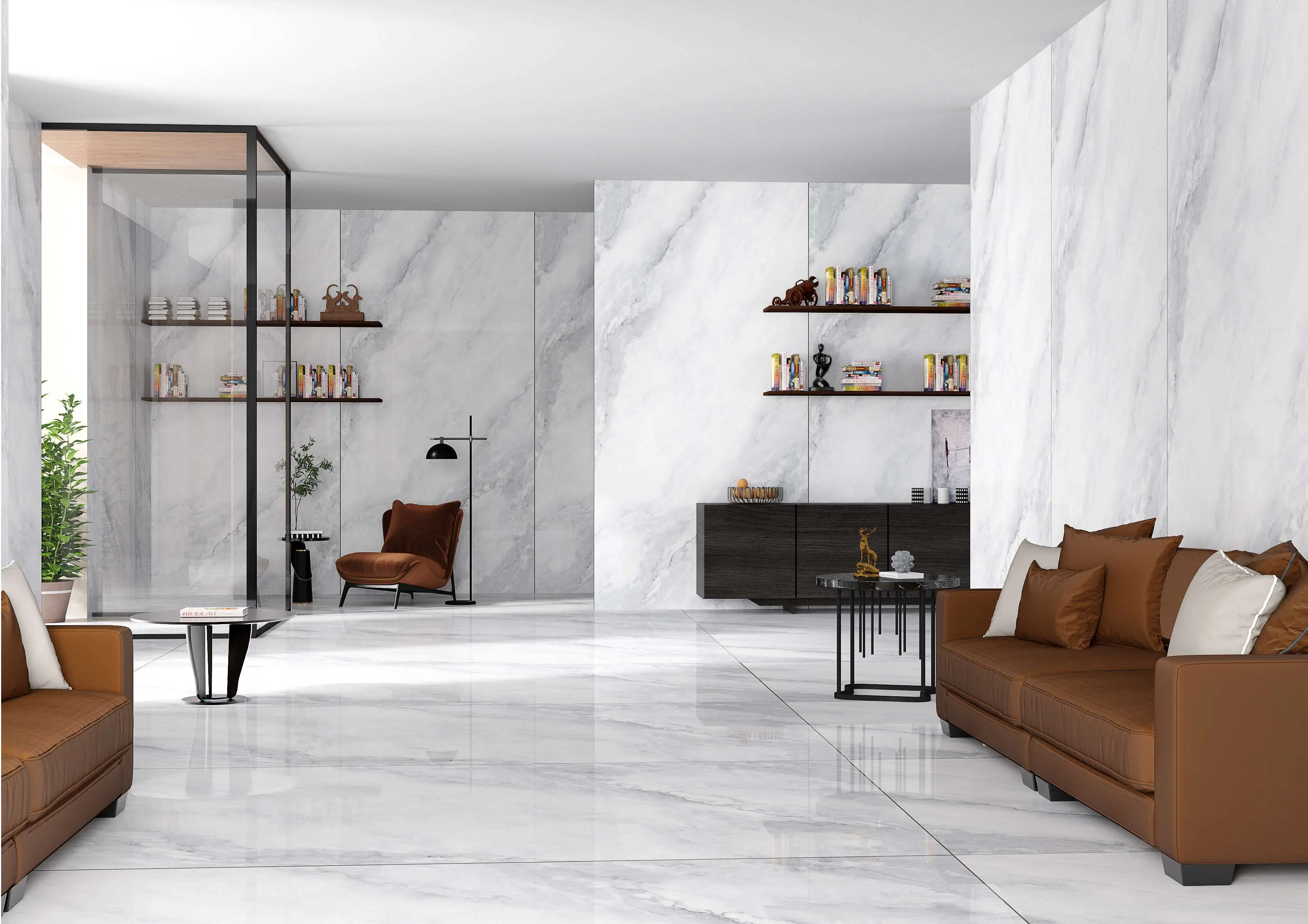 Modern Living Space with Marble Walls and Elegant Furniture Decor