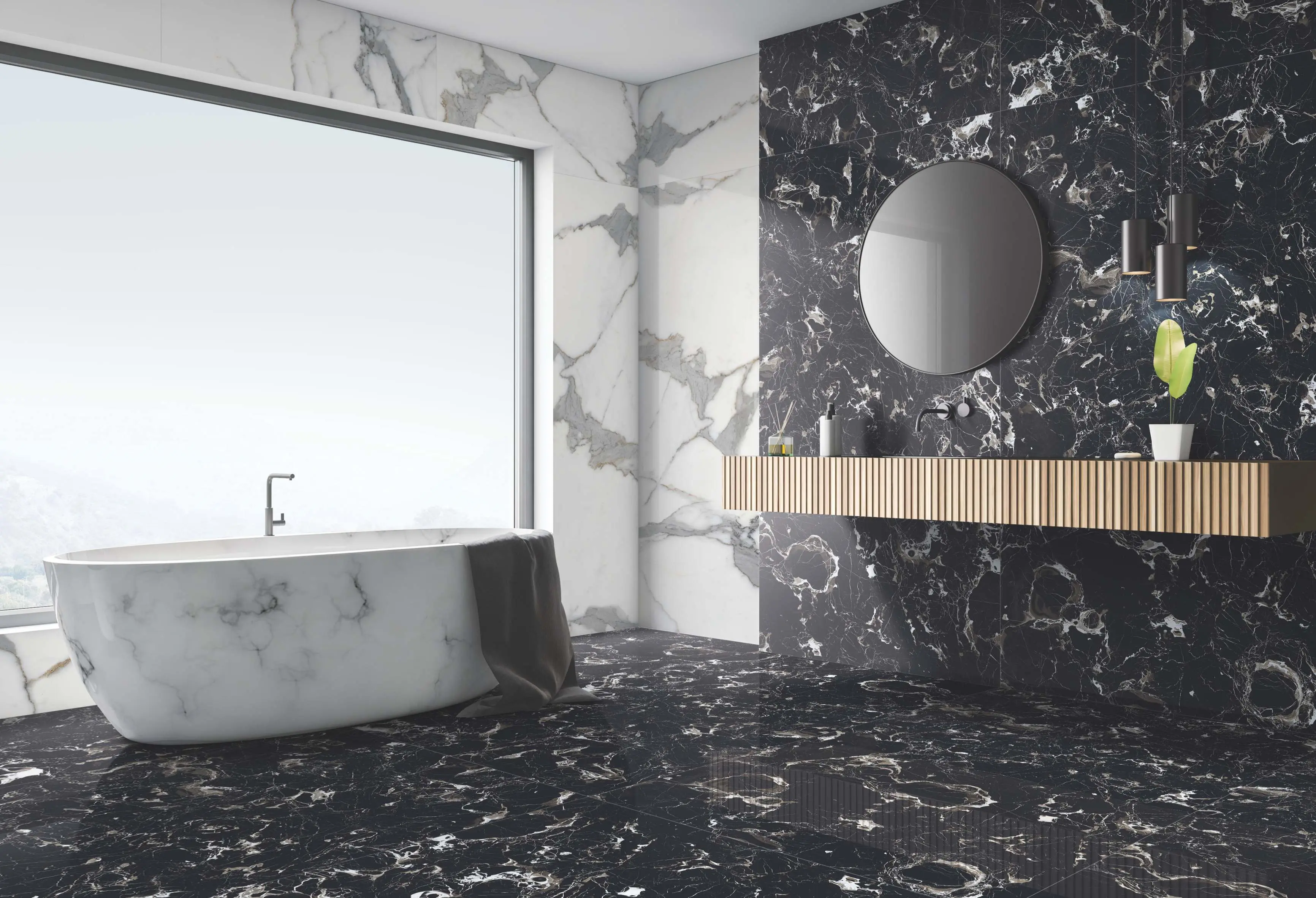 Modern Luxury Bathroom with Freestanding Tub and Marble Design