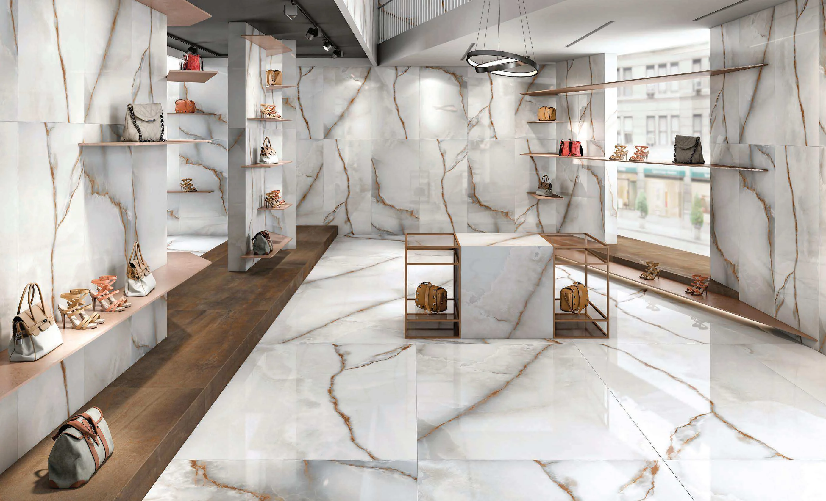 Modern Luxury Boutique Featuring Marble Interior and Elegant Designer Handbags Display
