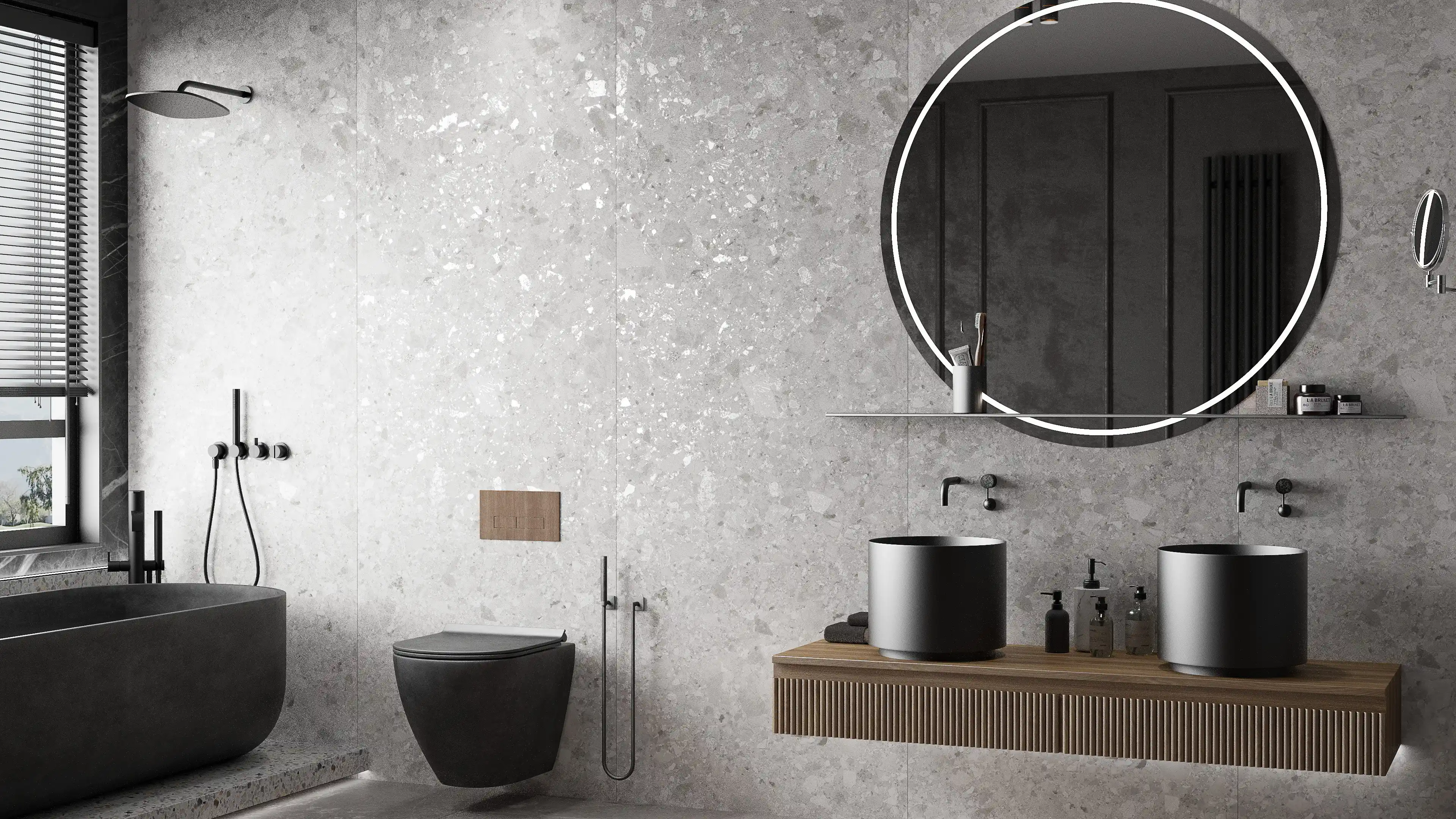 Modern Minimalist Bathroom with Elegant Decor and Circular Mirror