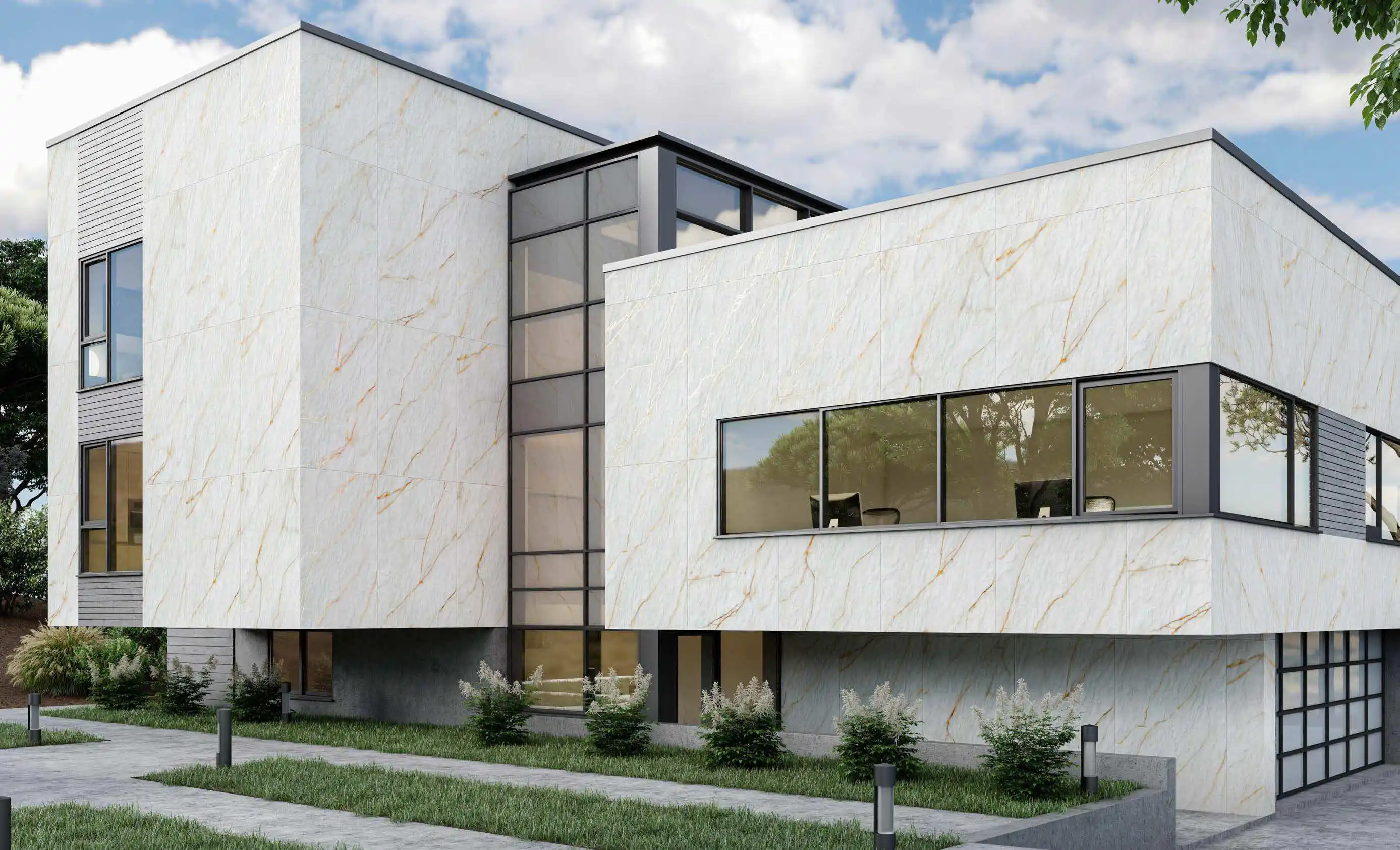 Modern Minimalist Building with Sleek Architectural Design and Large Glass Windows