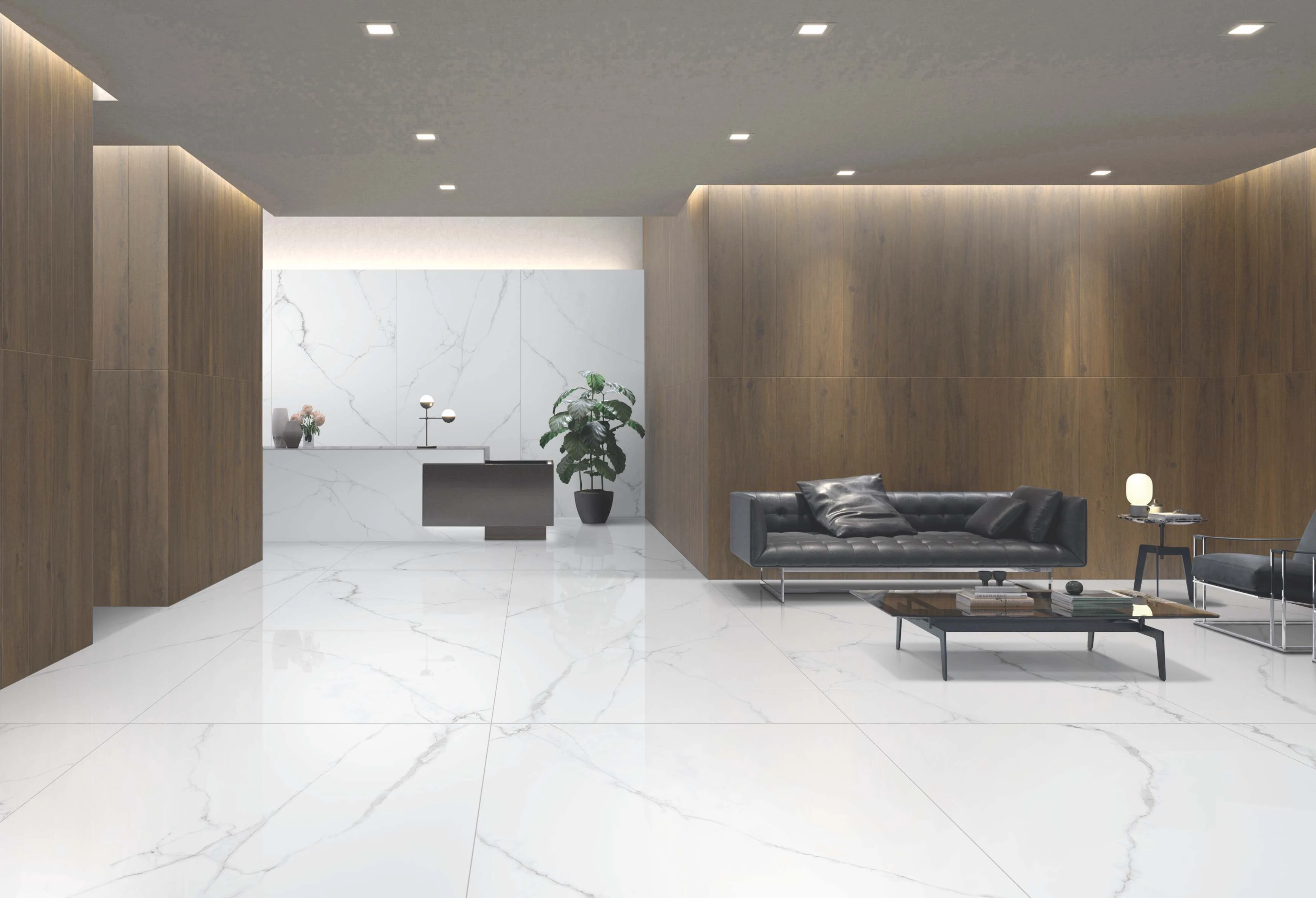 Modern Minimalist Interior with Wooden Walls and Marble Flooring