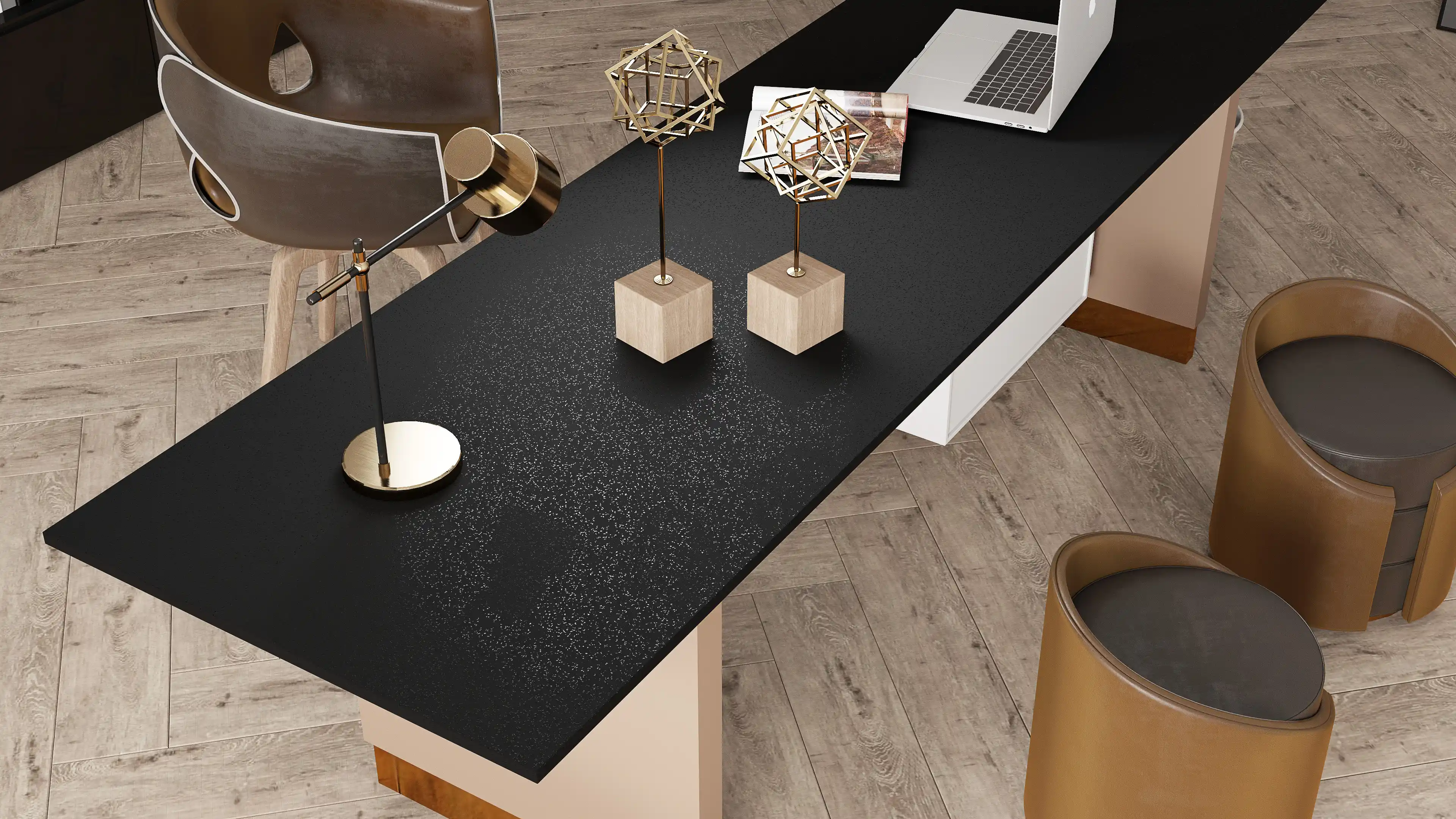 Modern Office Desk with Decorative Models and Black Surface