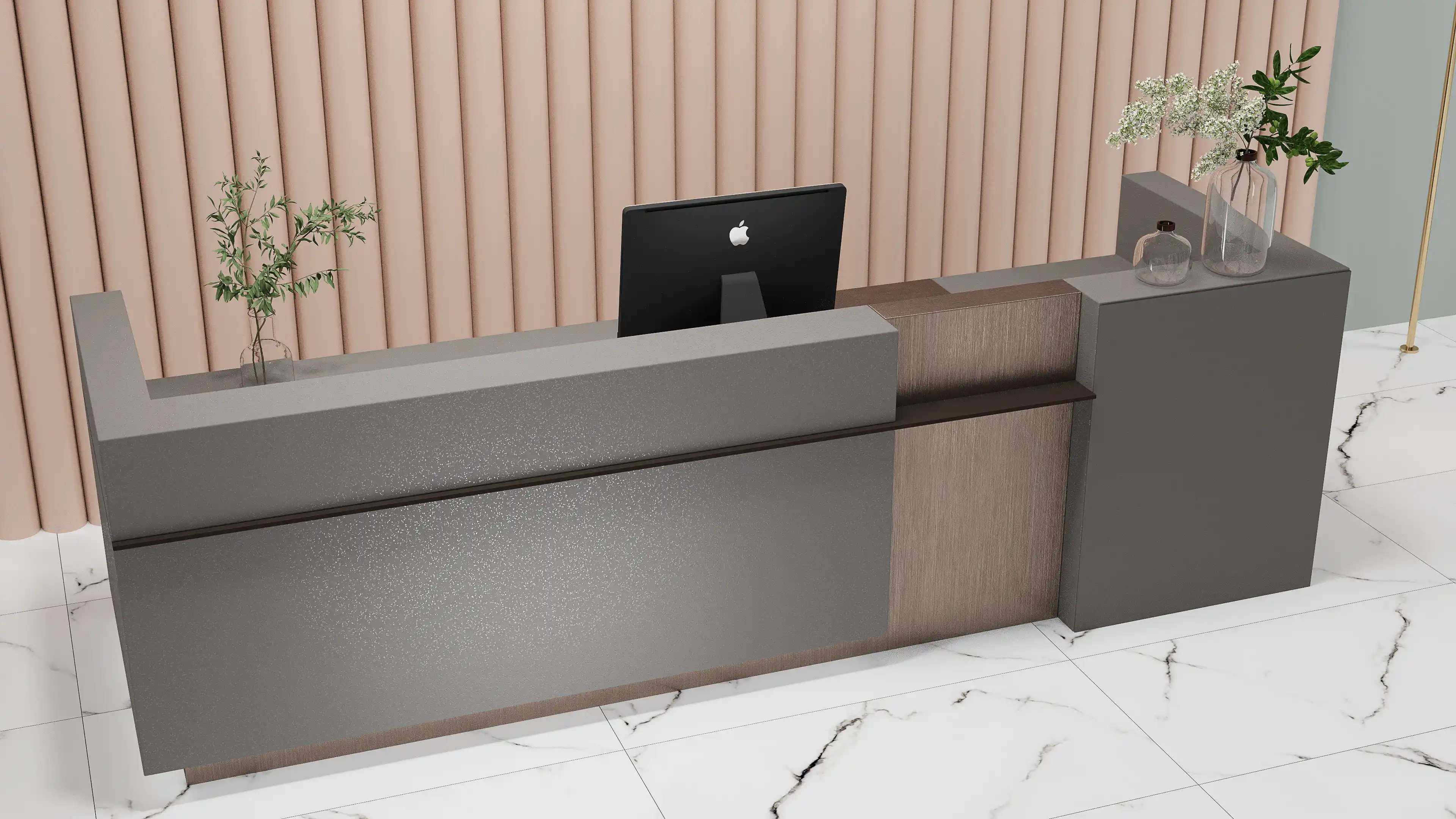 Modern Office Reception Desk in Minimalist Interior With Decorative Plants