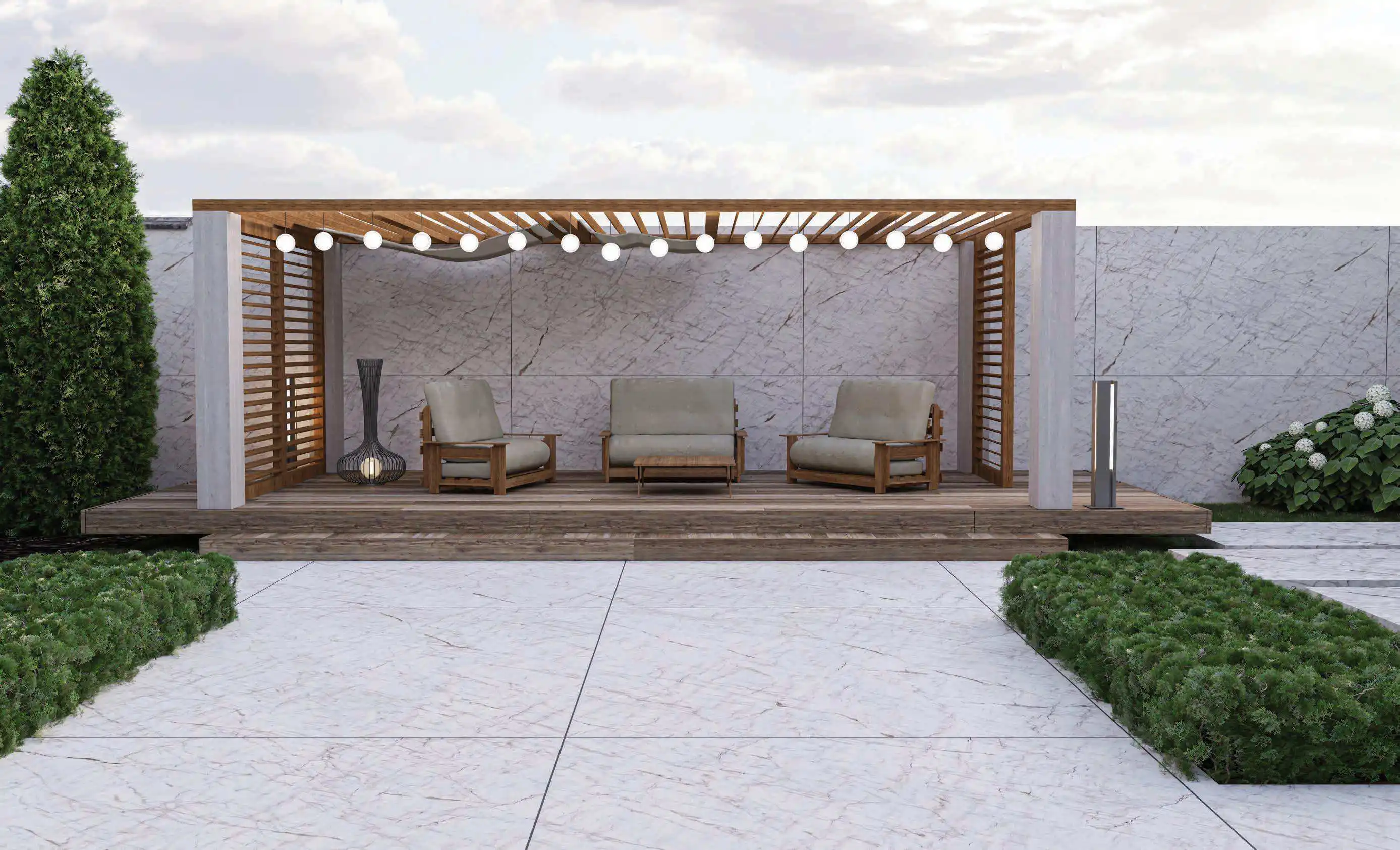 Modern Outdoor Patio with Wooden Pergola and Comfortable Seating