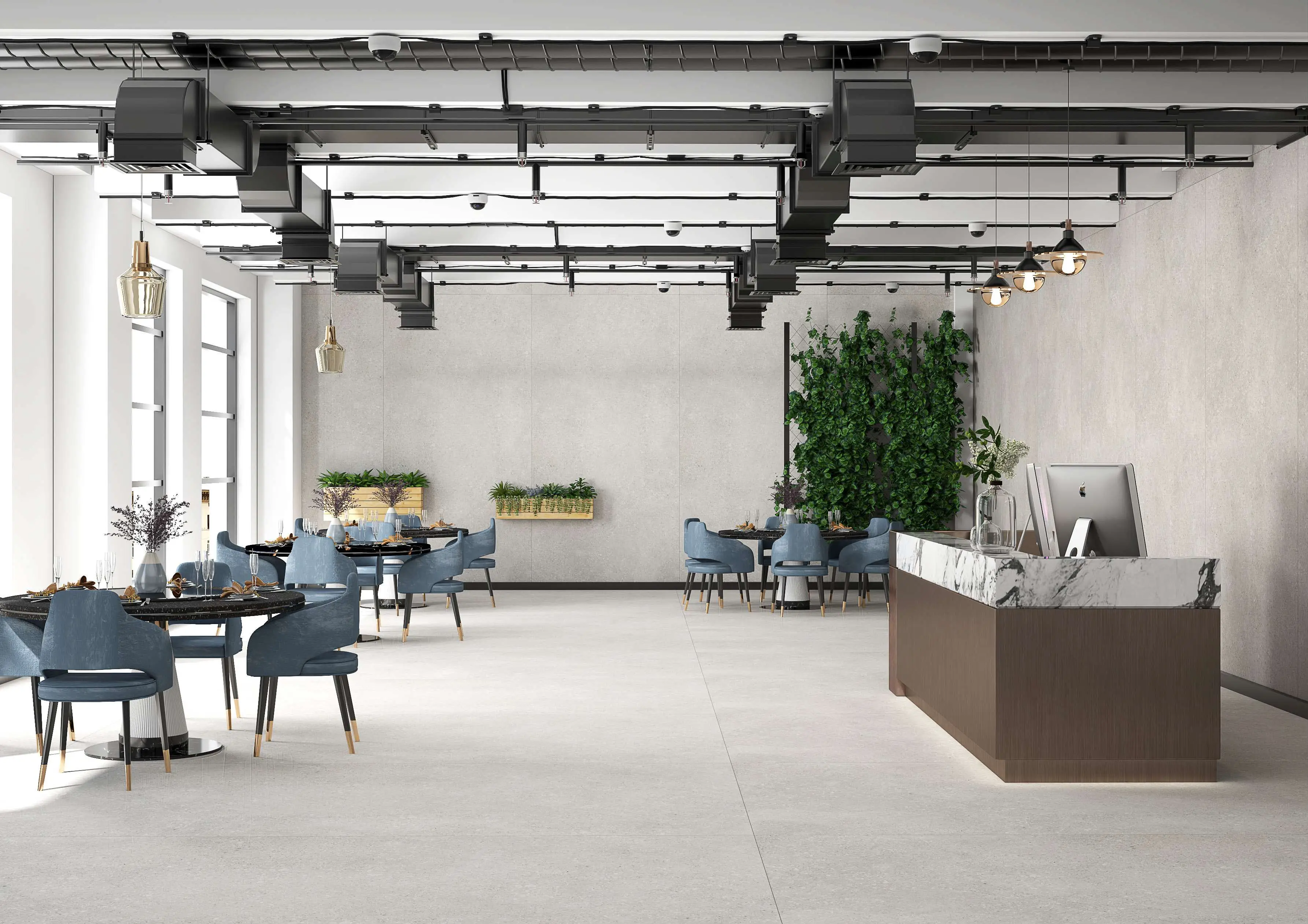 Modern Restaurant Interior with Stylish Seating and Greenery Accent Decor