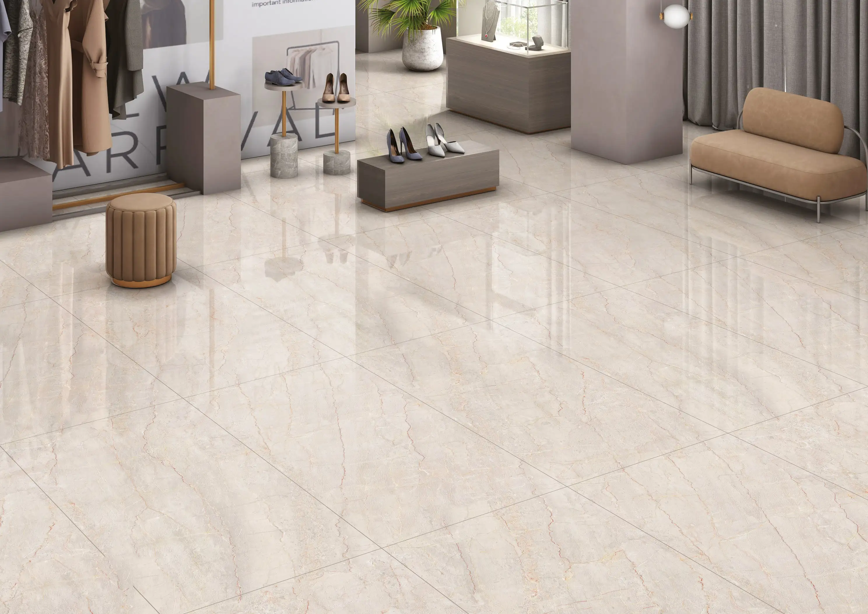 Modern Retail Interior with Glossy Marble Flooring and Furnishings