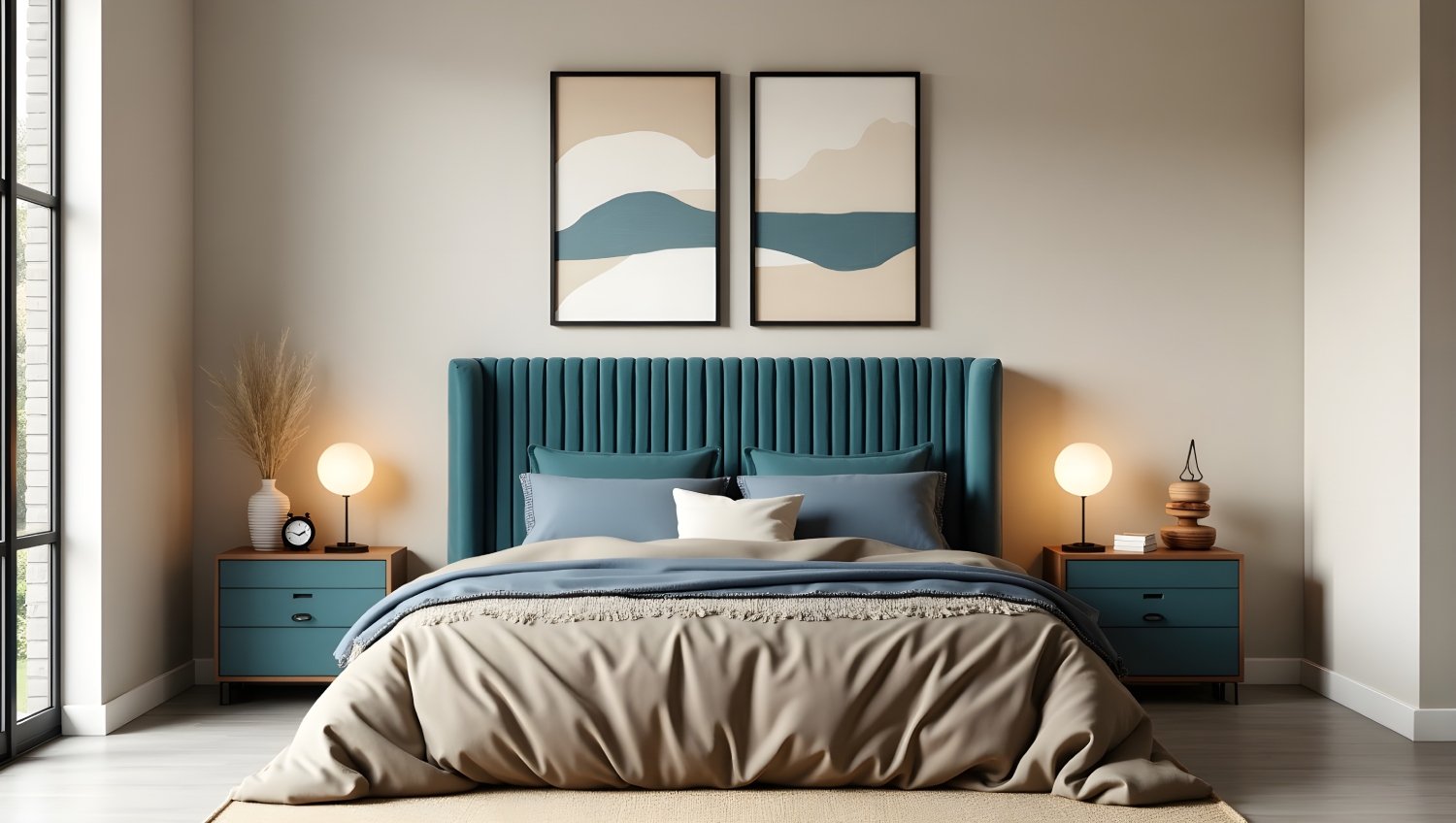 Modern Teal Tufted Headboard Bedroom Interior
