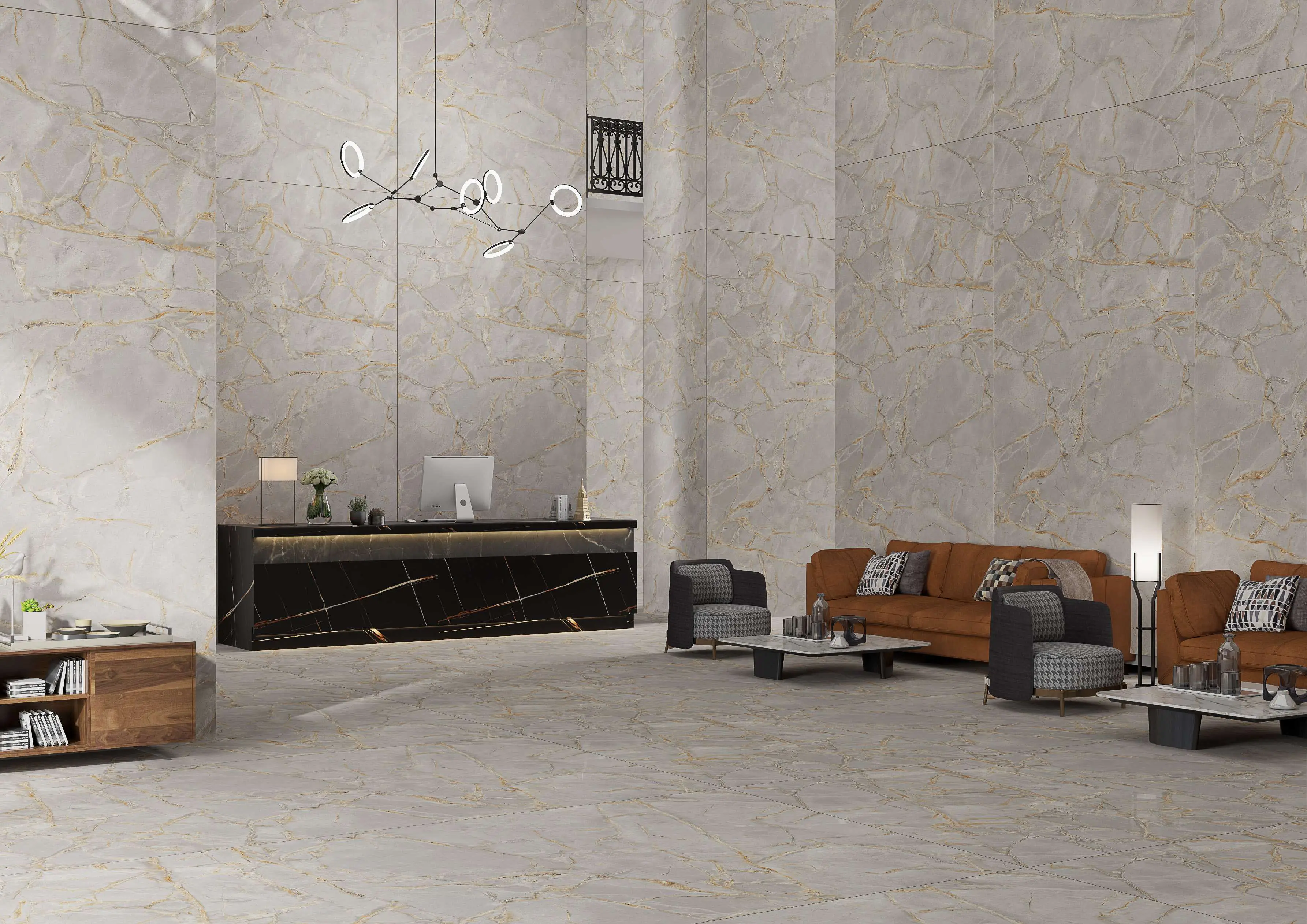 Modern Waiting Area with Marble Walls and Comfortable Seating