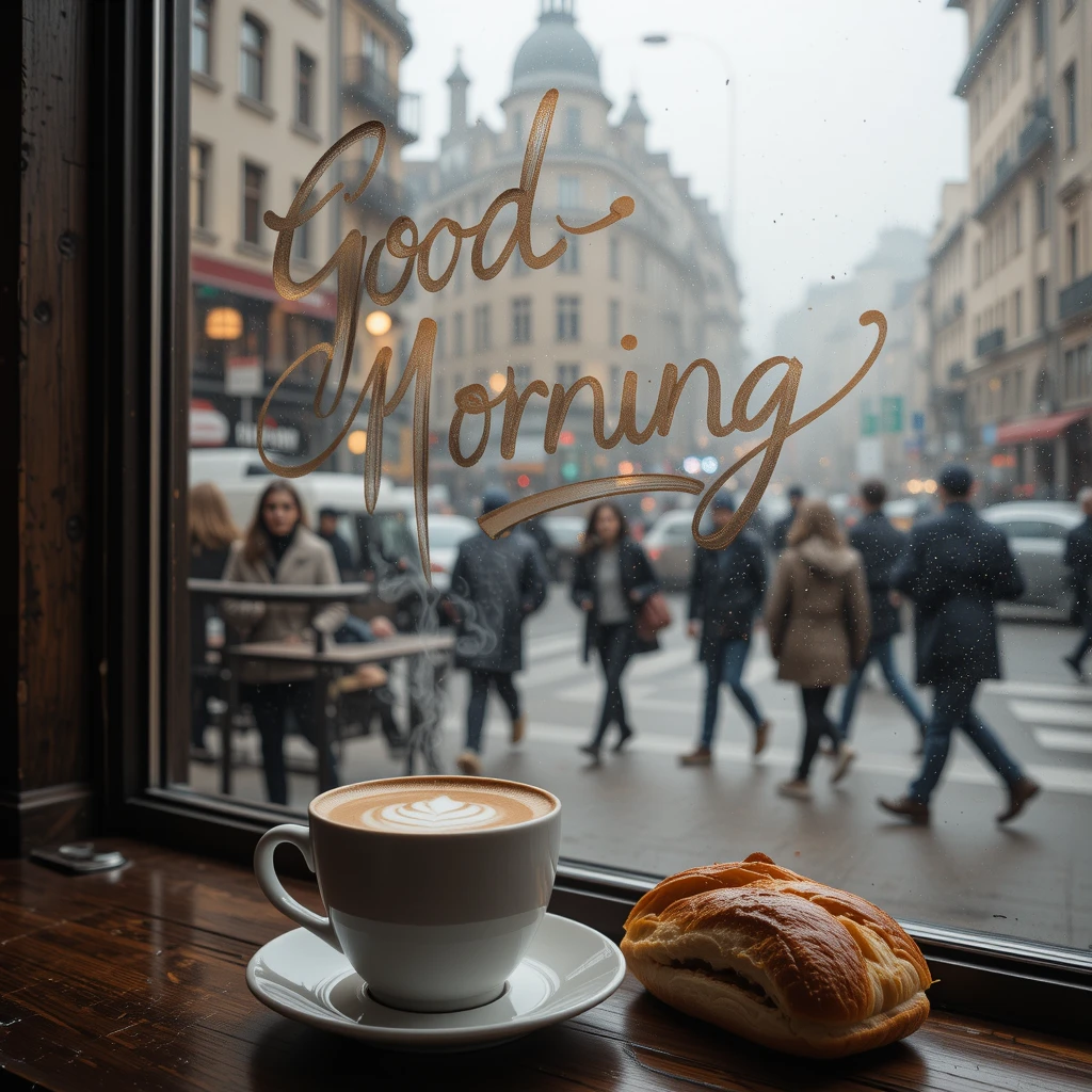 Morning Coffee and Croissant by a Cozy Café Window Overlooking the City