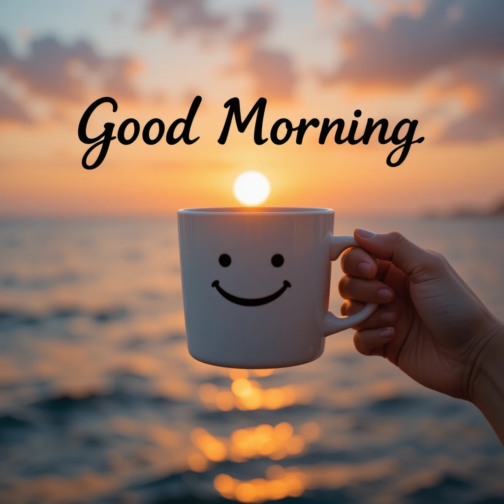 Morning Coffee by the Sea with Smiling Sunrise and Positive Vibes