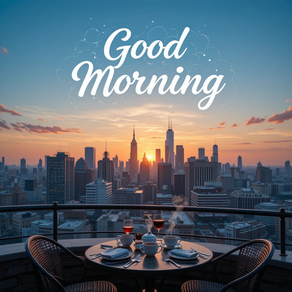 Morning Coffee on Balcony Overlooking Sunrise Urban Skyline