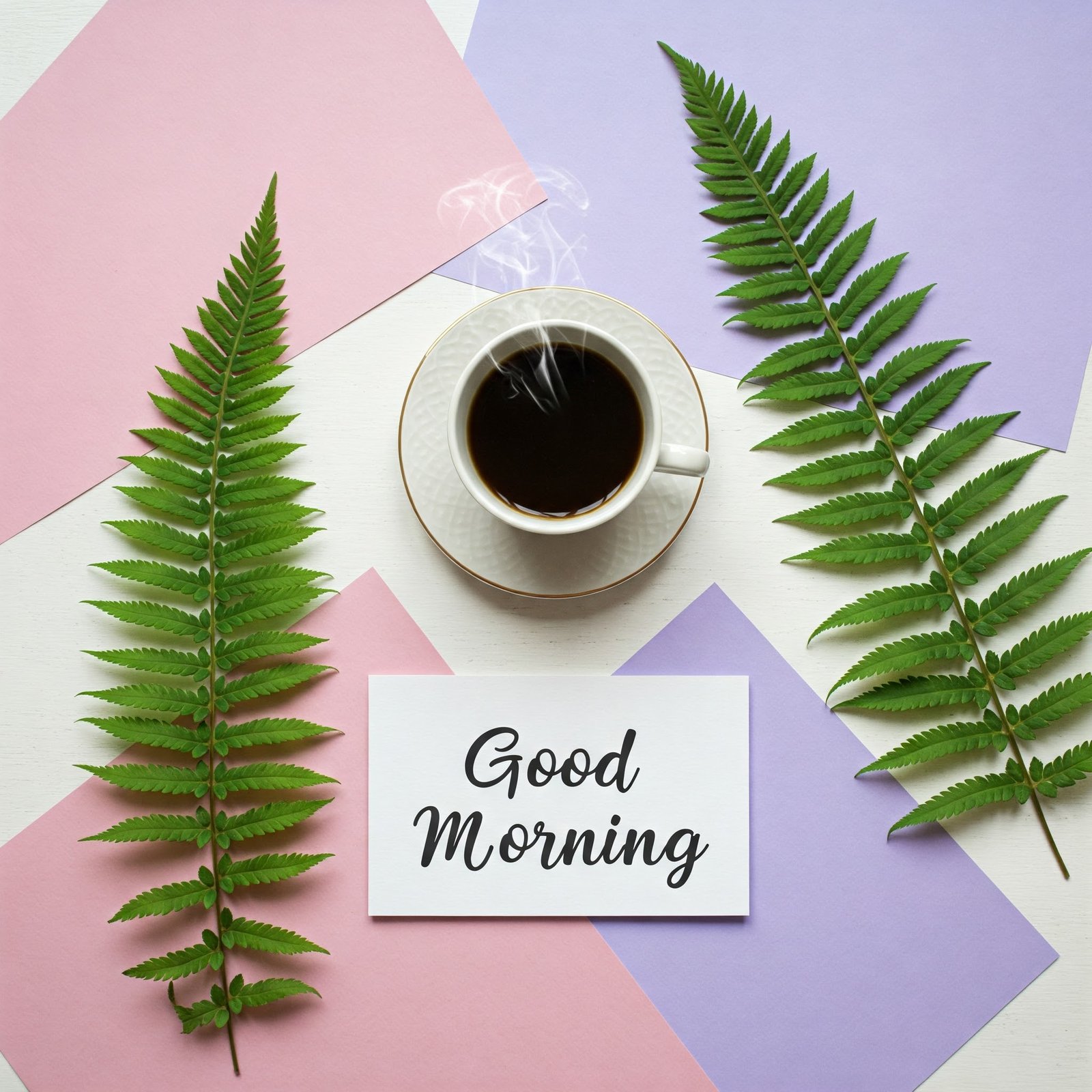 Morning Coffee with Fresh Fern Leaves and Colorful Background