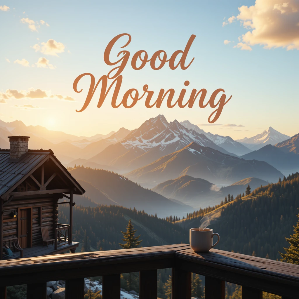 Morning Sunrise Over Mountain Landscape with Coffee on Wooden Balcony