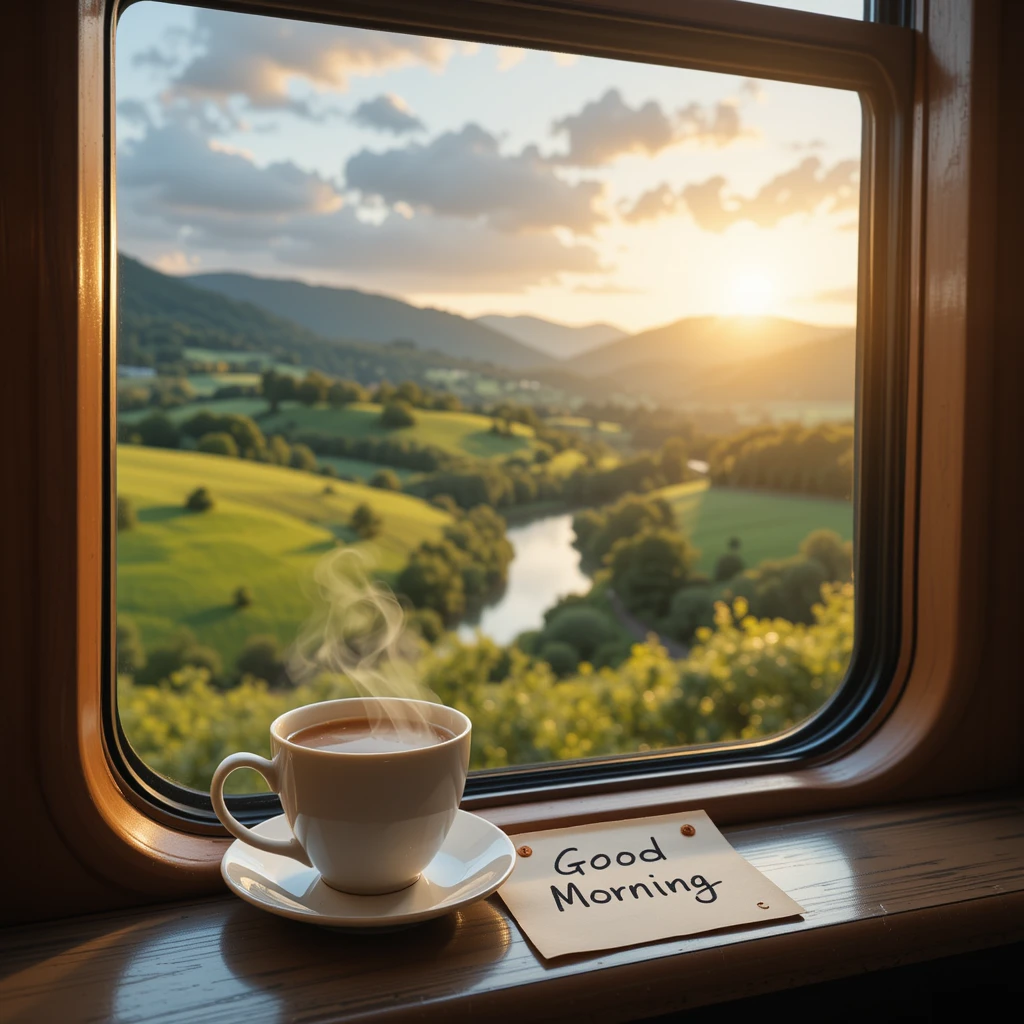Morning View With Coffee Cup and Scenic Nature Landscape